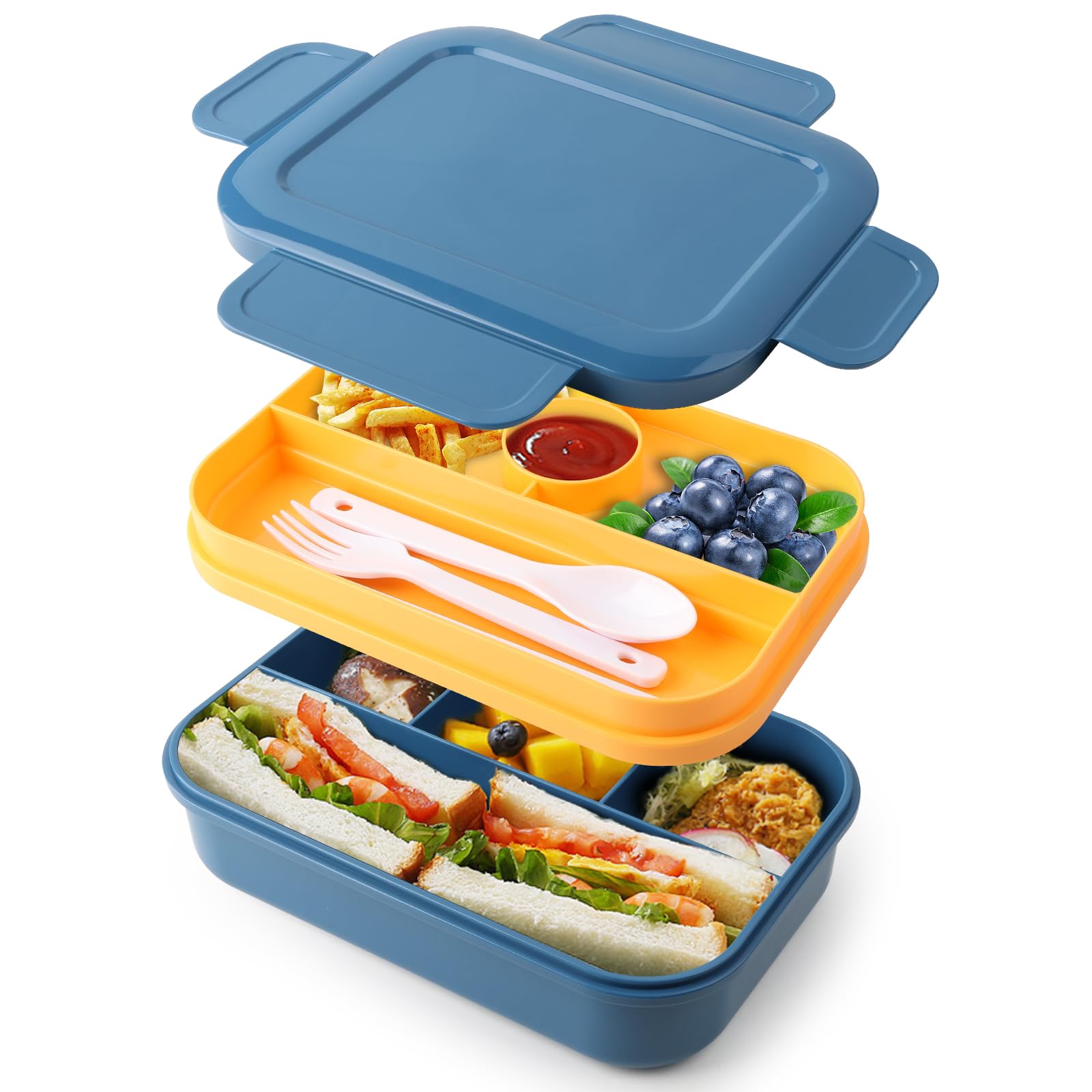 Bento Box Adult Lunch Box - 2000 Ml Double Layer Containers with 4+4 Compartments, Leak-Proof, Microwave/Dishwasher/Freezer Safe - Blue