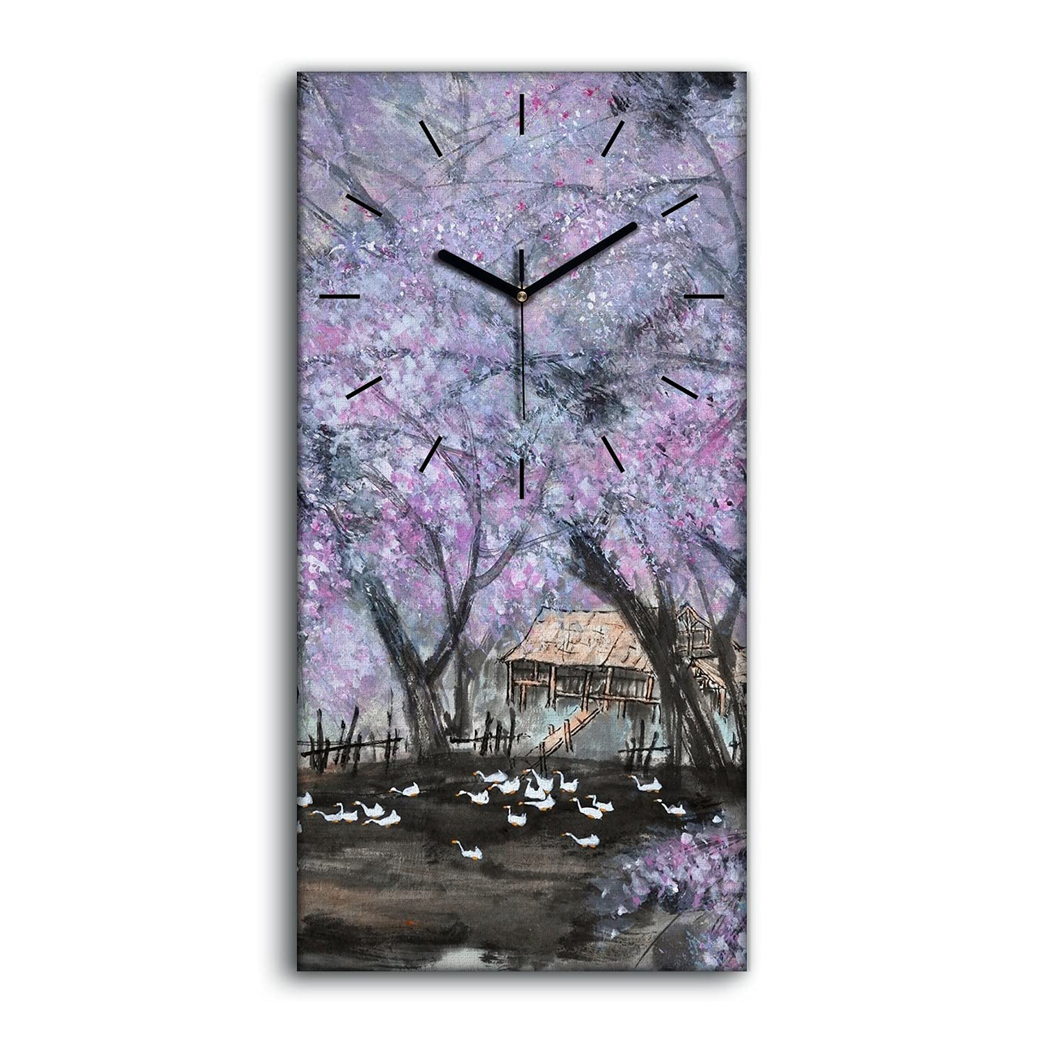 Horloge sur Toile 30x60cm Arbres Asiatiques et Bateaux avec Aiguilles Noires
