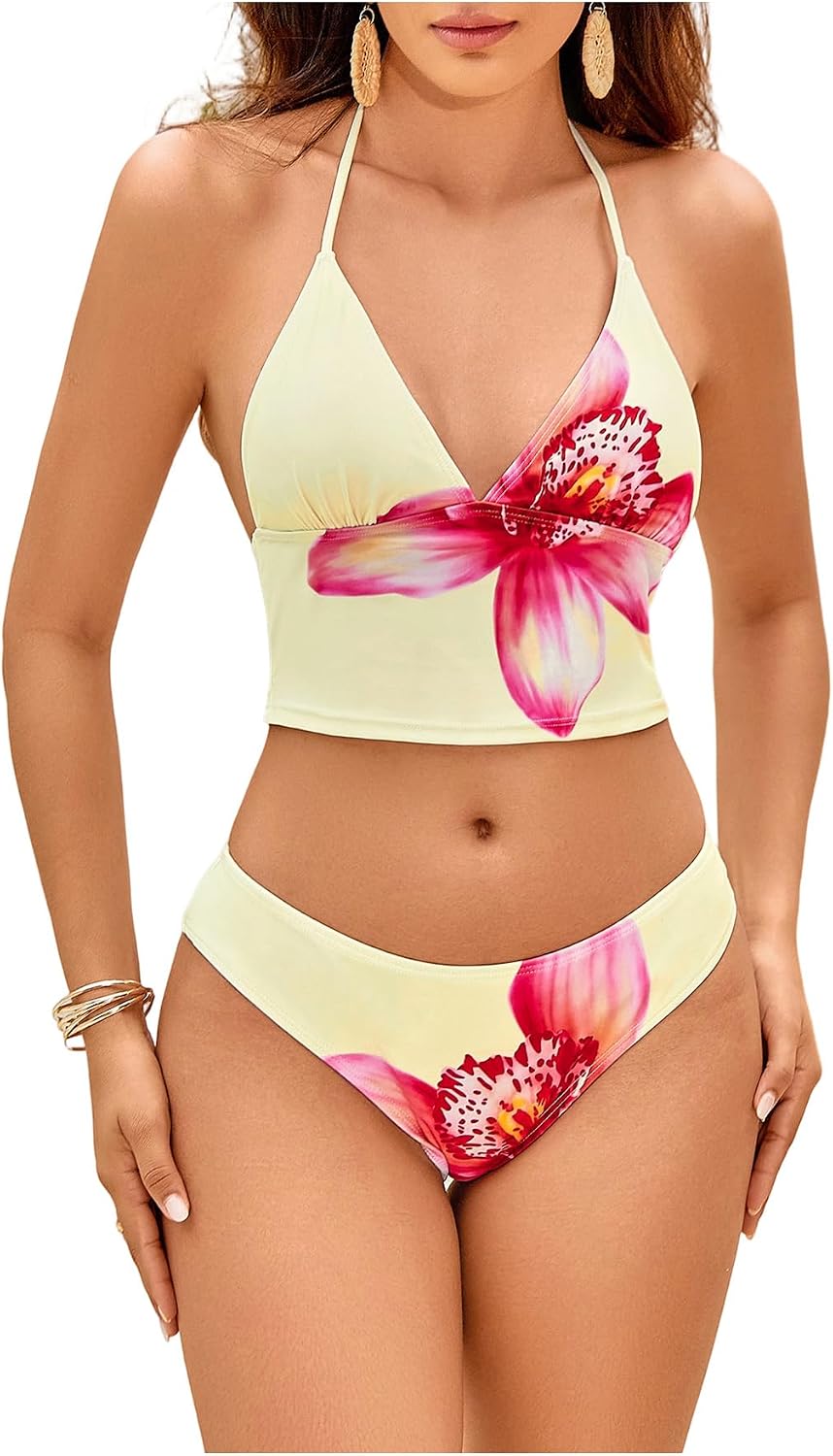 Floerns Women's Floral Print Halter Neck Tankini Top Two Piece Bathing Swimsuit