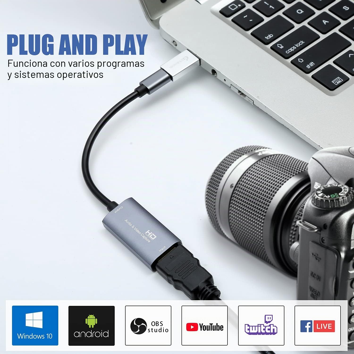 Tarjeta de Captura de Video, USB 3.0 HDMI a USB C, Tarjeta de Captura de Audio, Captura 4K 1080P 60FPS con Dispositivos adaptadores Tipo C para Juegos, transmisión en Vivo, grabadora de Video,