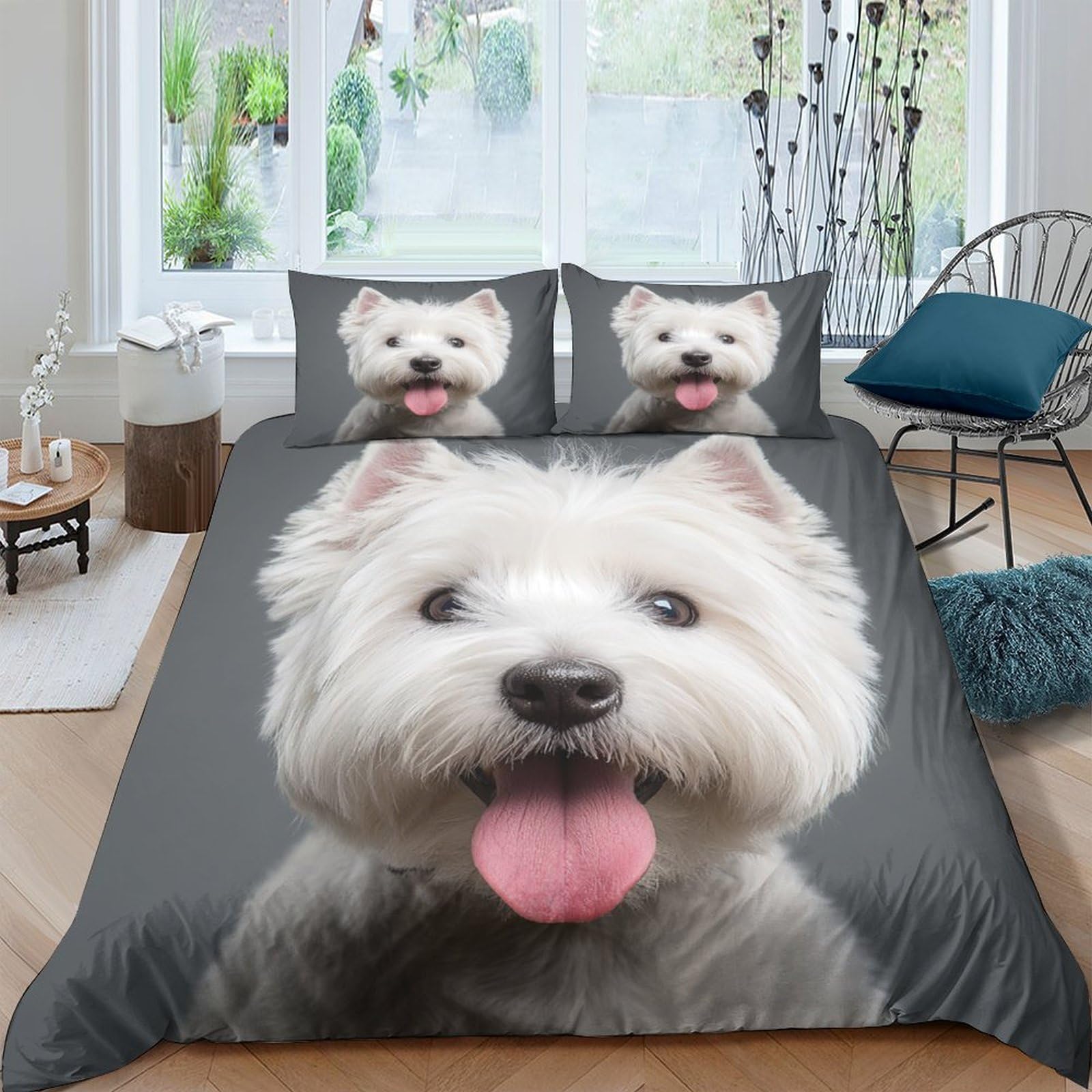 GPLZQXKJNH 3D Printed Westie Dog Duvet Cover Microfiber Soft Breathable Cute Puppy Bedding Set with 2 Pillowcases for Bedroom Decor Single（135x200cm）