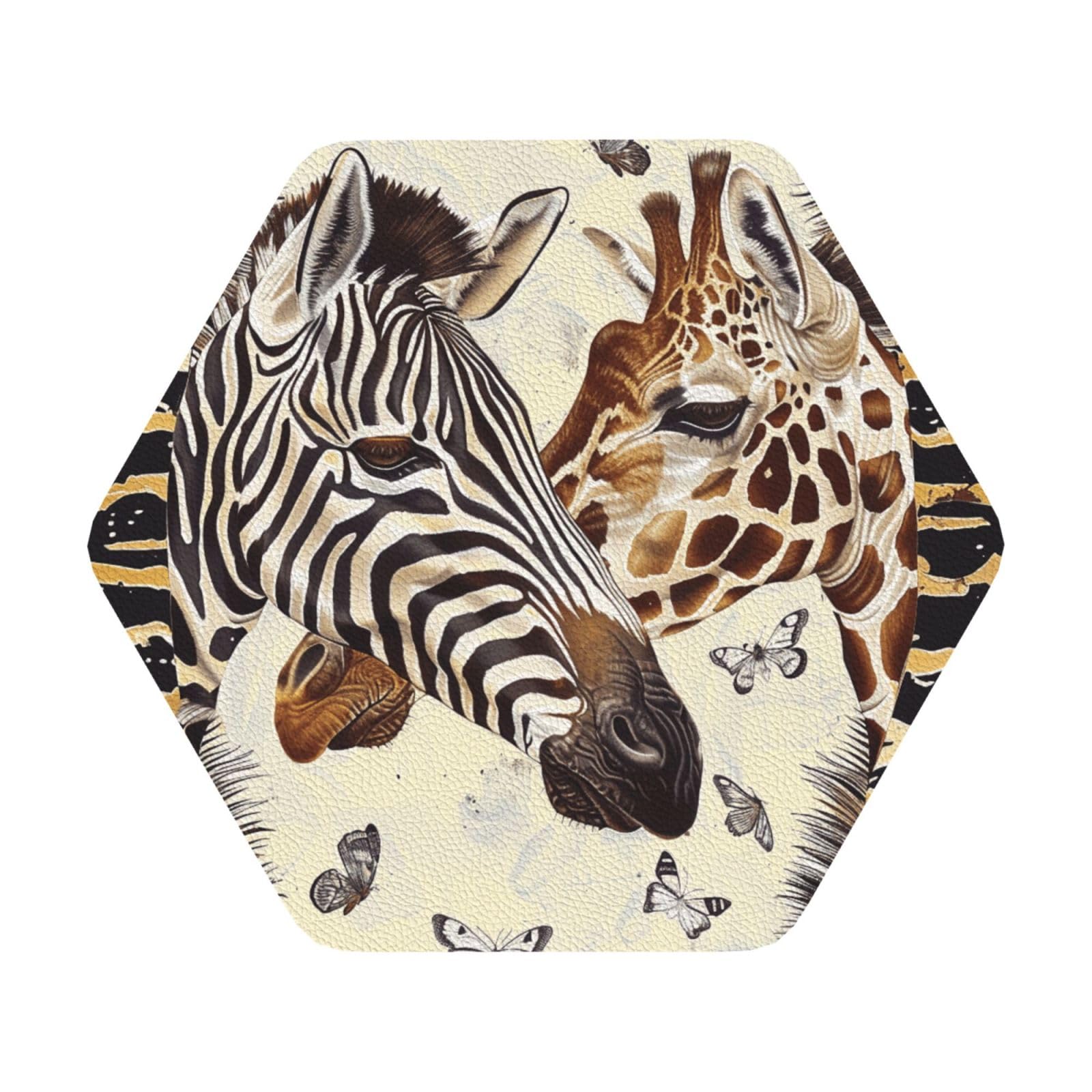 Zebra and Giraffe Print Leather Coaster Set of 6, Hexagon Coasters Table Decorative Coffee Cup Beverage Coasters Wine Beer Bar Coasters for Hot Drinks Table Protection