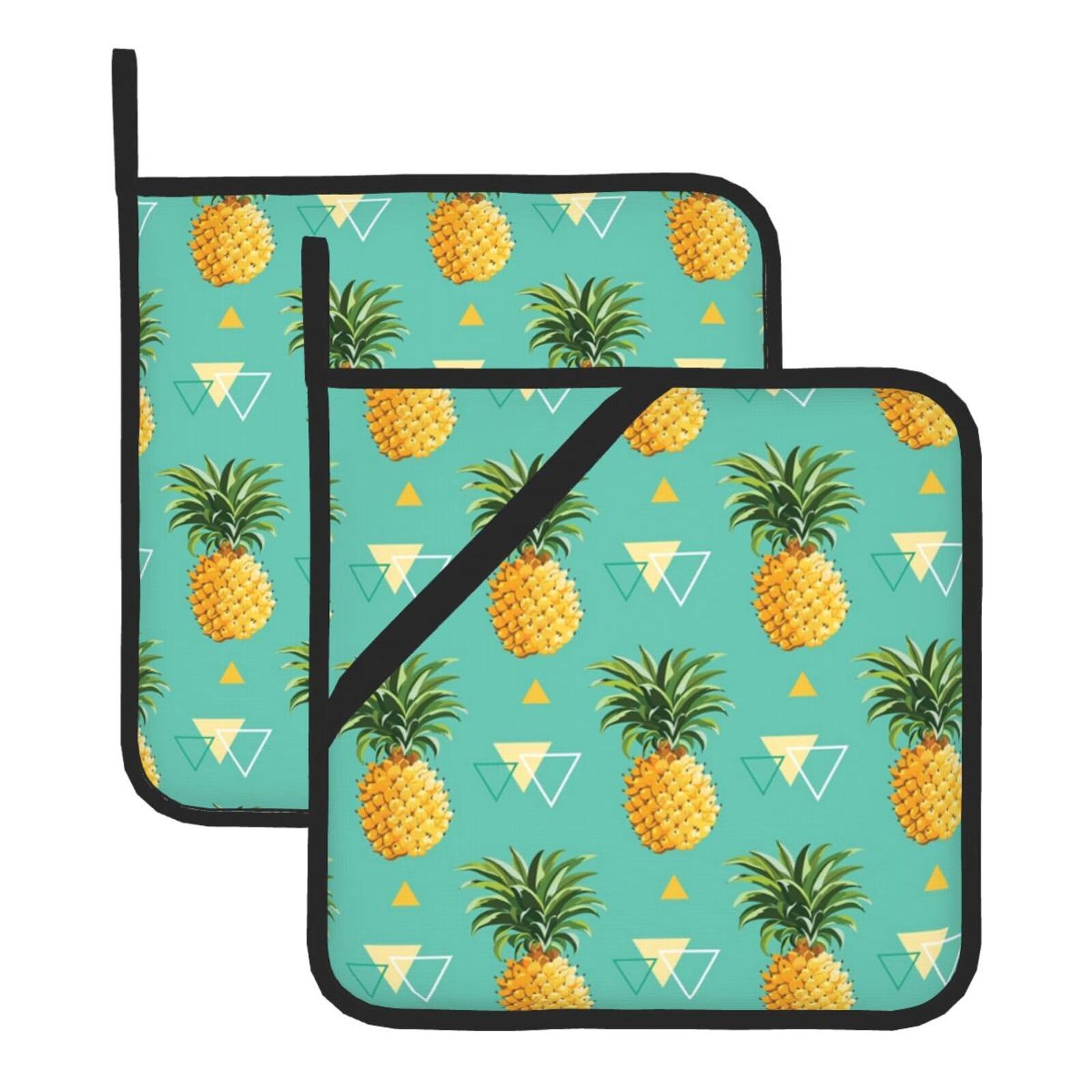 Tropical Fruit Pineapple Square Heat Resistant Pot Holders With Pocket - Set Of 2 | Kitchen Hot Pad Oven Mitts