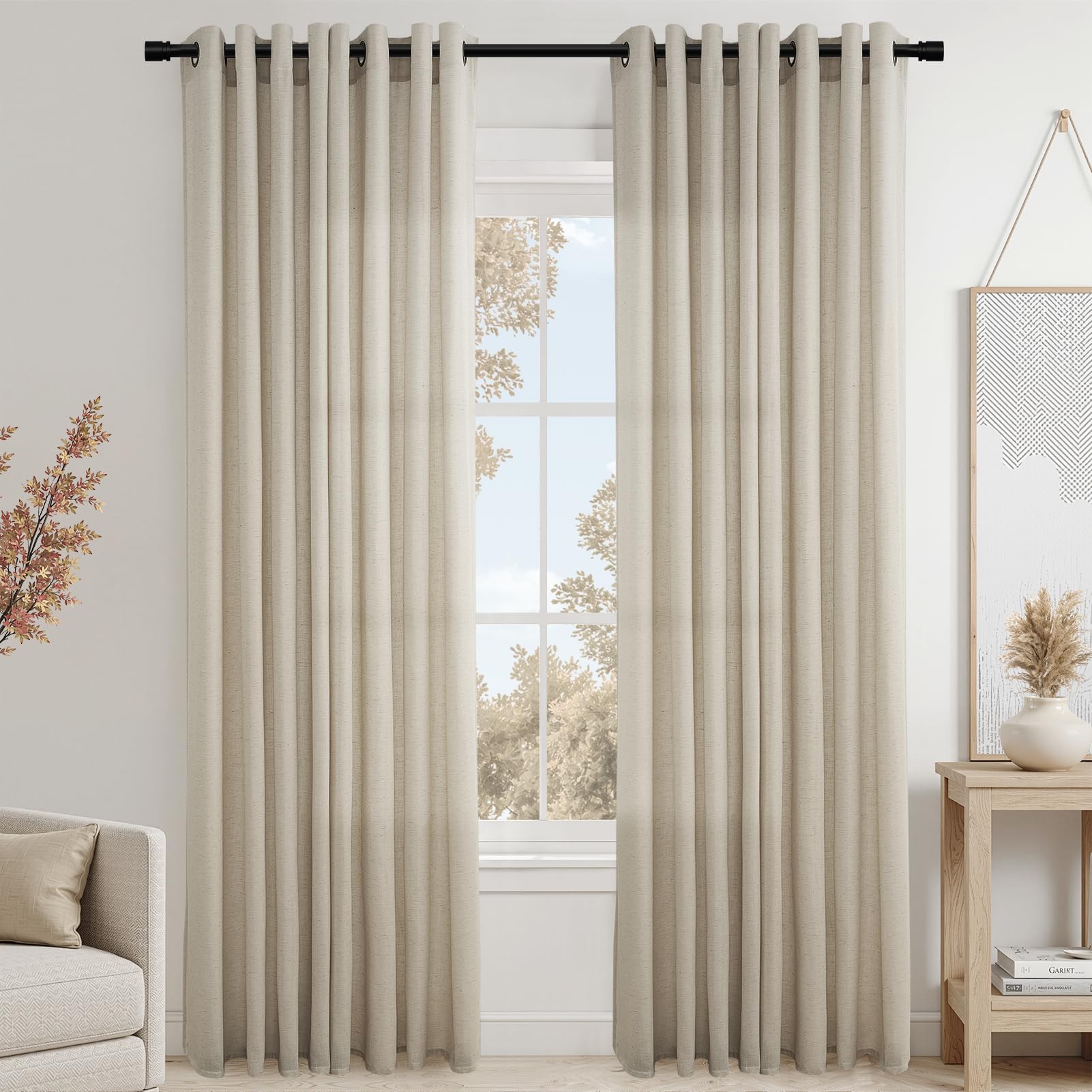 Topfinel Oatmeal Hellgrau Grau Gardinen Taupe mit Ösen, Leinen Baumwolle Vorhang H 225 x B 140 cm Halbtransparent Leinenoptik Vorhänge für Wohnzimmer Schlafzimmer, Boho Ösen Vorhang 2er Set
