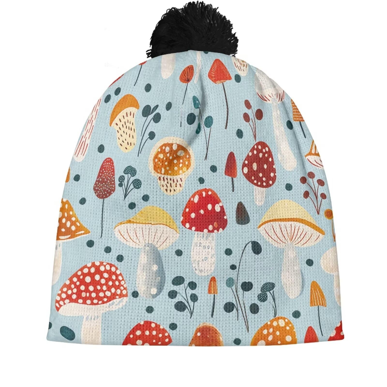 Hechitok Mushroom Blue Beanies for Girls Boys Winter Knitted Beanies Hats with Pompom Warm Knit Skull Cap for School Vacation Office Work, Black Ball