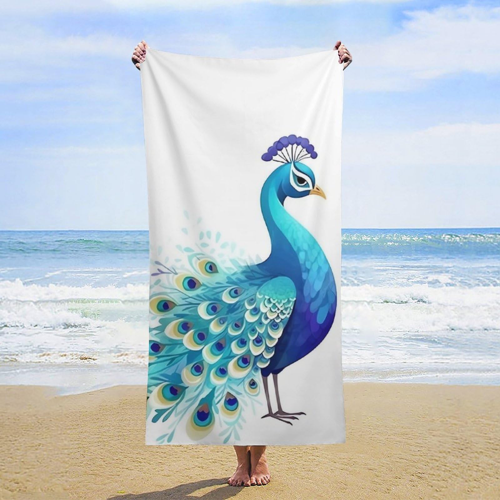 NTVOWPZO Cartoon Blue Peacock Beach Towel Oversized Microfiber Bath Towels Lightweight Sand Proof Beach Towels Absorbent Pool Towels for Swimming Yoga Bathroom Towel 31.5" X 63"