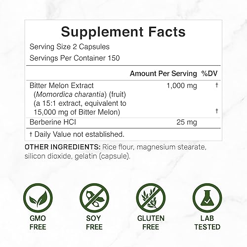 Miniatura 2 de Melón amargo 1500 mg, 200 cápsulas, extracto de fruta de melón amargo silvestre | Probado por terceros | A base de plantas, sin OMG y sin gluten,