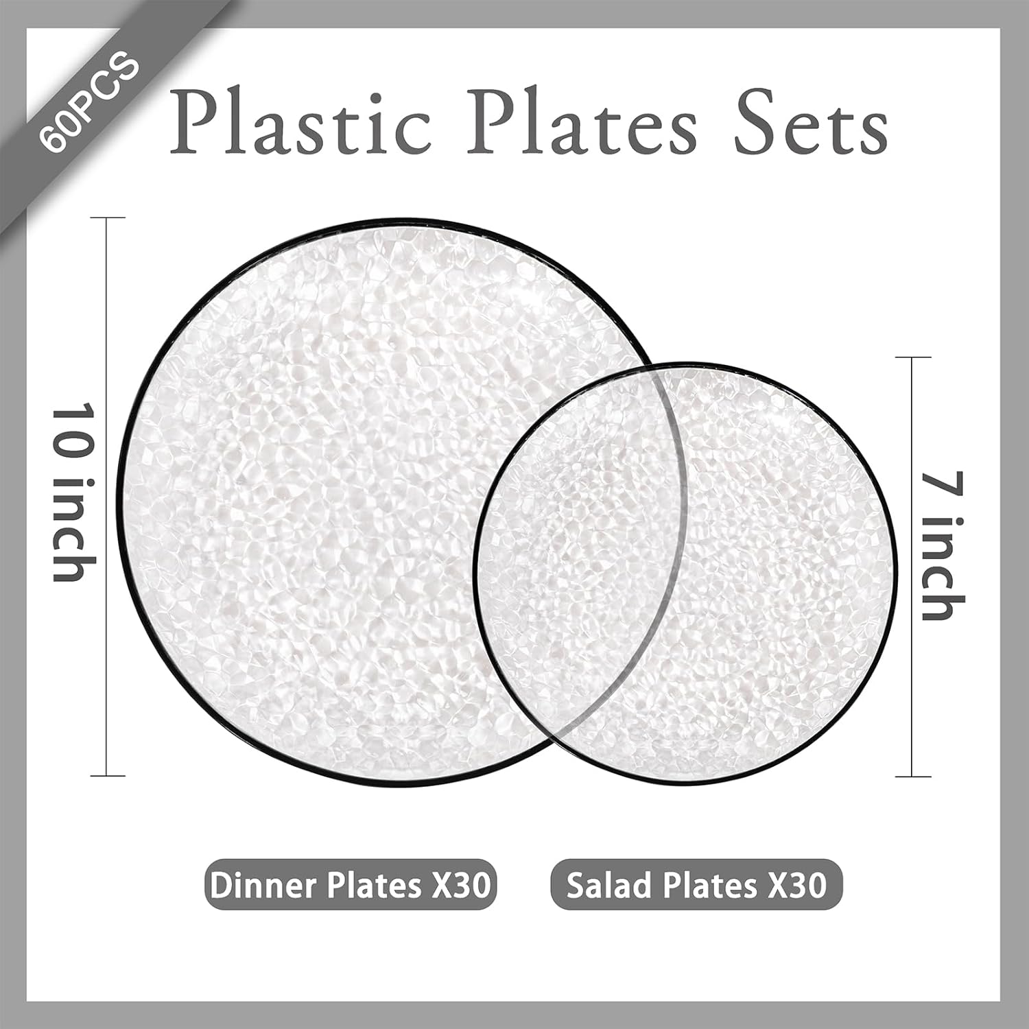 Rubtlamp 60Pcs Black Plastic Plates, Black Heavy Duty Graduation Plastic Plates, Clear Disposable Party Plates, Hammered Fancy Plates Include 30 Dinner Plates, 30 Salad Plates For Graduation Party