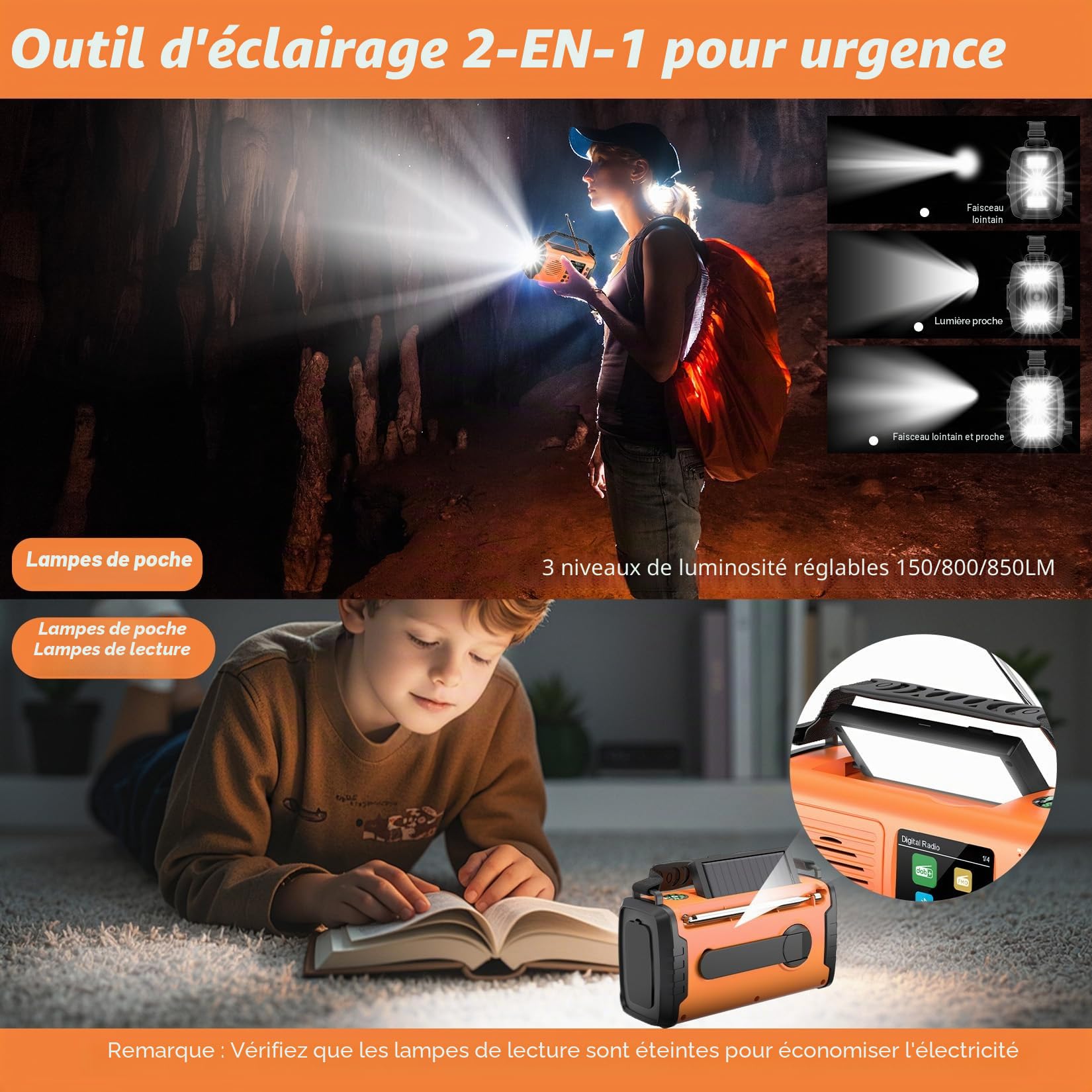 20000mAh Radio Survie Dab+ FM, Radio Solaire Portable Bluetooth avec Réveil, Alarme SOS d'urgence, Lampe de Poche Et Lampe de Lecture de Lampe de Lecture & Lampe Torche LED (Orange)