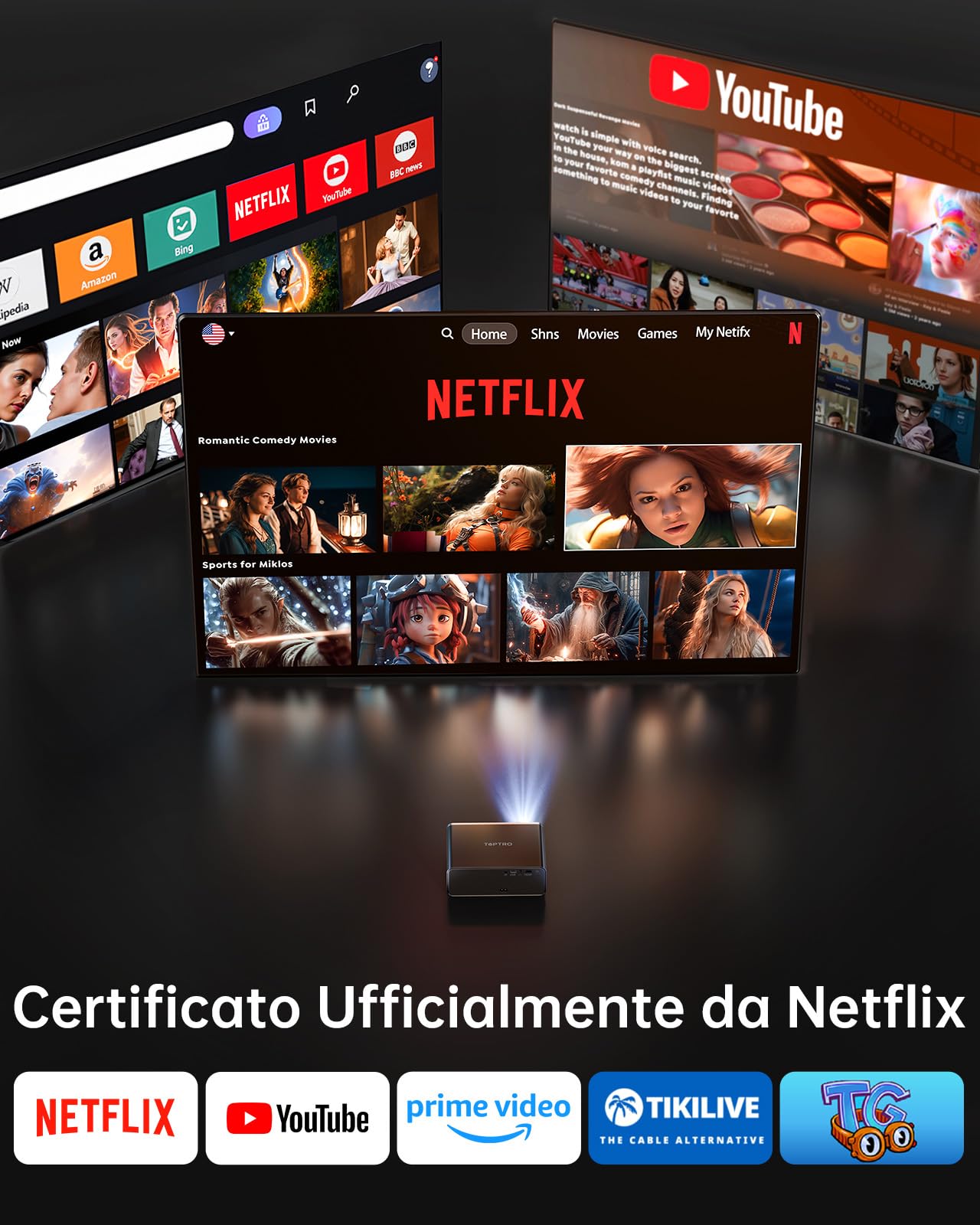 Proiettore 4K[Ufficiali Netflix e Dolby]1000 ANSI Regolazione Auto Dell'immagine AI Proiettore Portatile per Home Theater e Esterno WiFi 6 Two-way Bluetooth 5.3 Videoproiettore TOPTRO A1