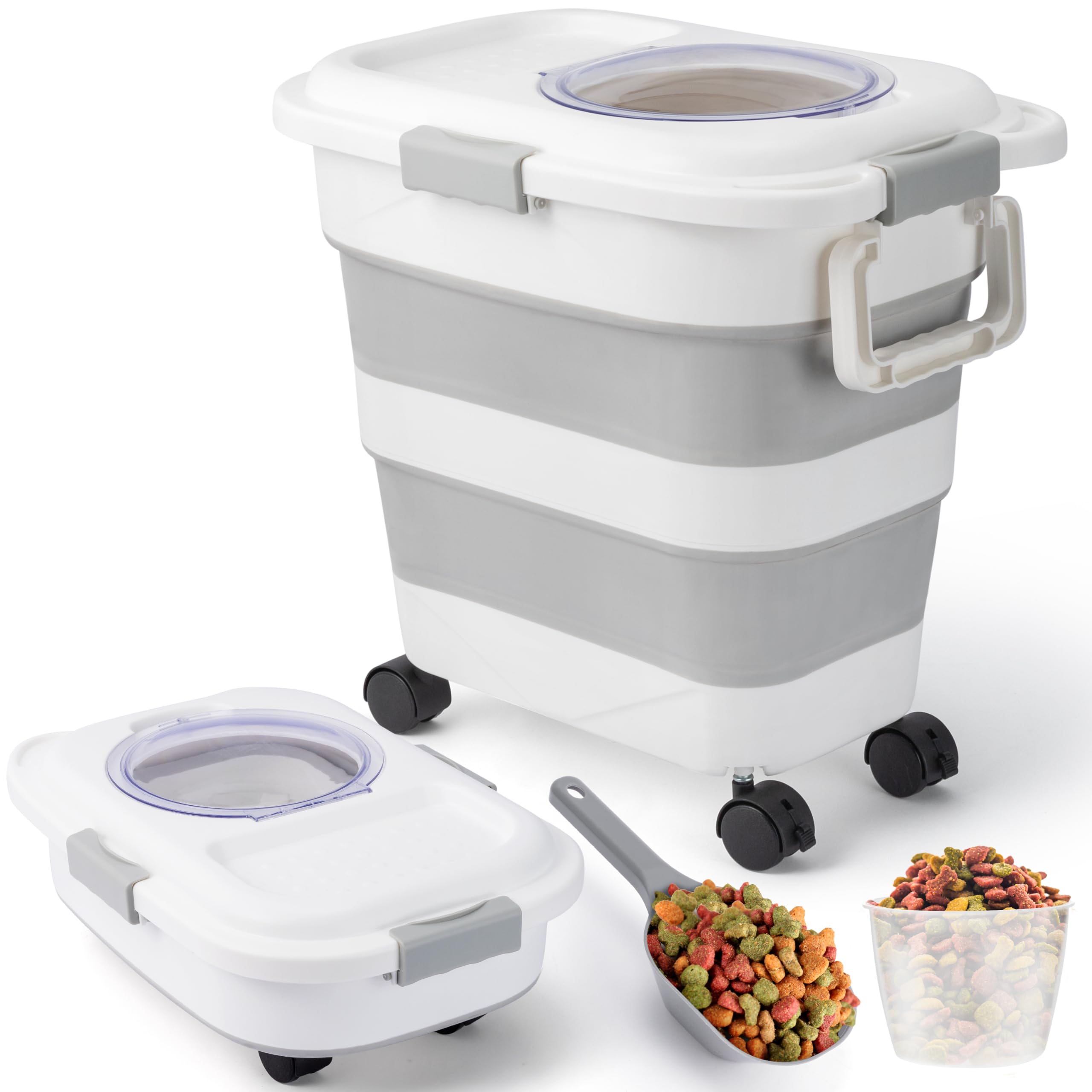 Boîte stockage croquettes chien hermétique pliable et distributeur de riz à roulettes