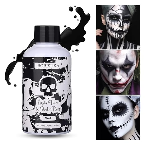 BOBISUKA Black Face Body Paint Liquid Texture Washable Non Toxic Facepaint Fast Drying Foundation Makeup for Halloween Clown Skeleton Skull Cosplay SFX Costume Party Large Capacity(130ml)