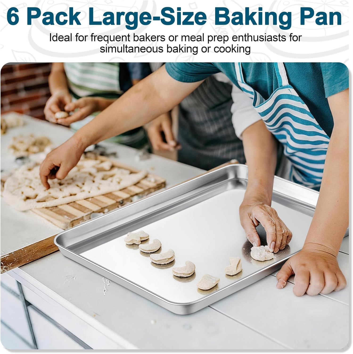 TeamFar Baking Sheet Pan, 6 Pack Stainless Steel Half Size Baking Pans Set, Metal Large Cookie Sheets for Baking/Roasting/Serving, Non-Toxic & Heavy Duty, Dishwasher Safe, 17.6” x 13” x 1”