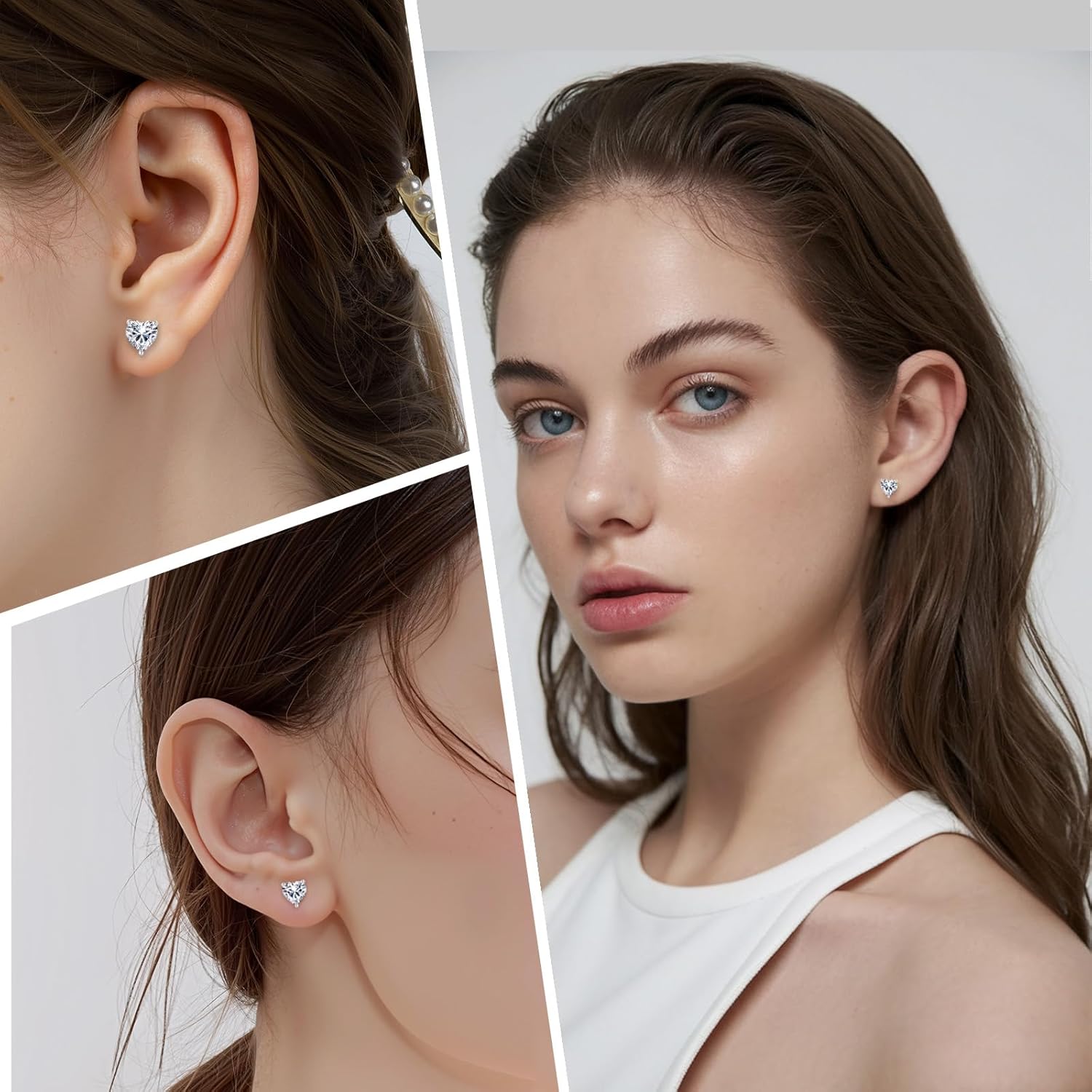 Silver Heart Cubic Zirconia Earrings Studs, 7MM CZ Stud Earrings for Women 925 Sterling Silver Post, Sparkling Hypoallergenic Heart Shape Princess Cut Jewelry for Women - Image 5