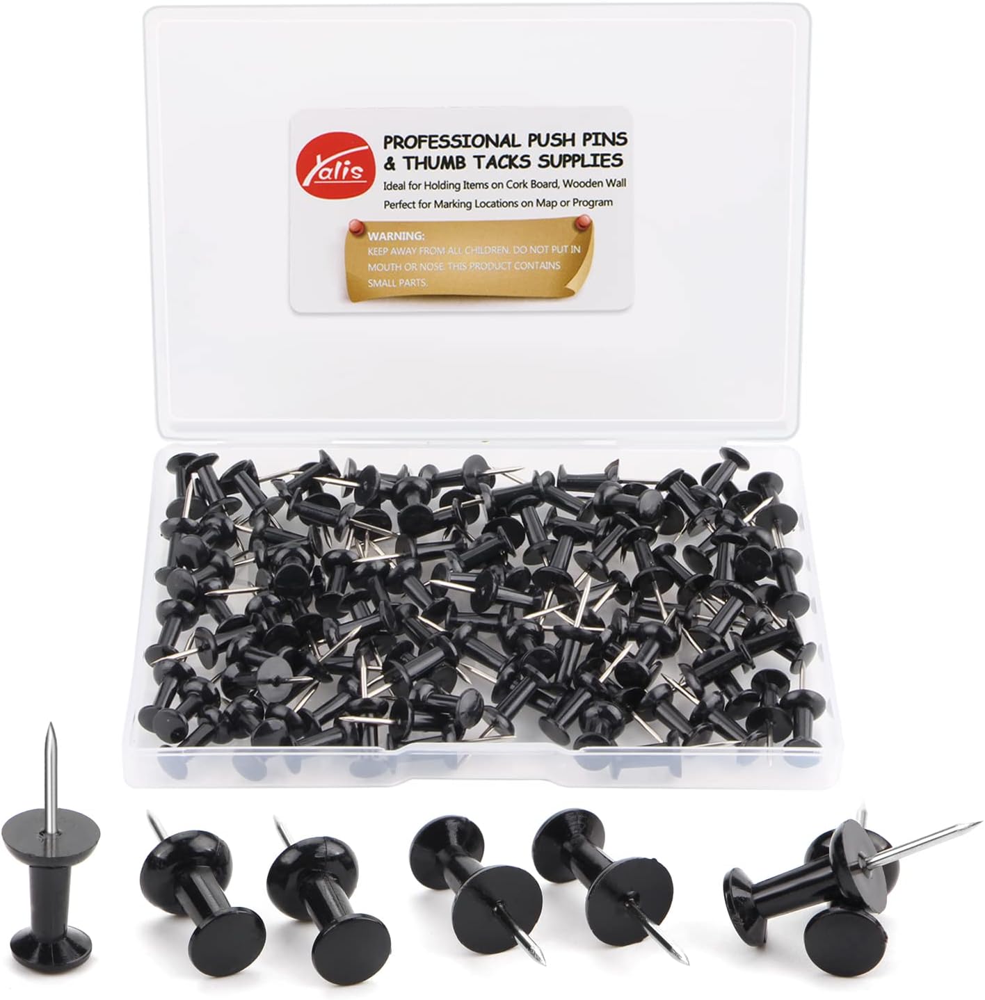 Yalis Push Pins 100-count Black Thumb Tacks Standard Dark Pushpins Steel Point and Plastic Head