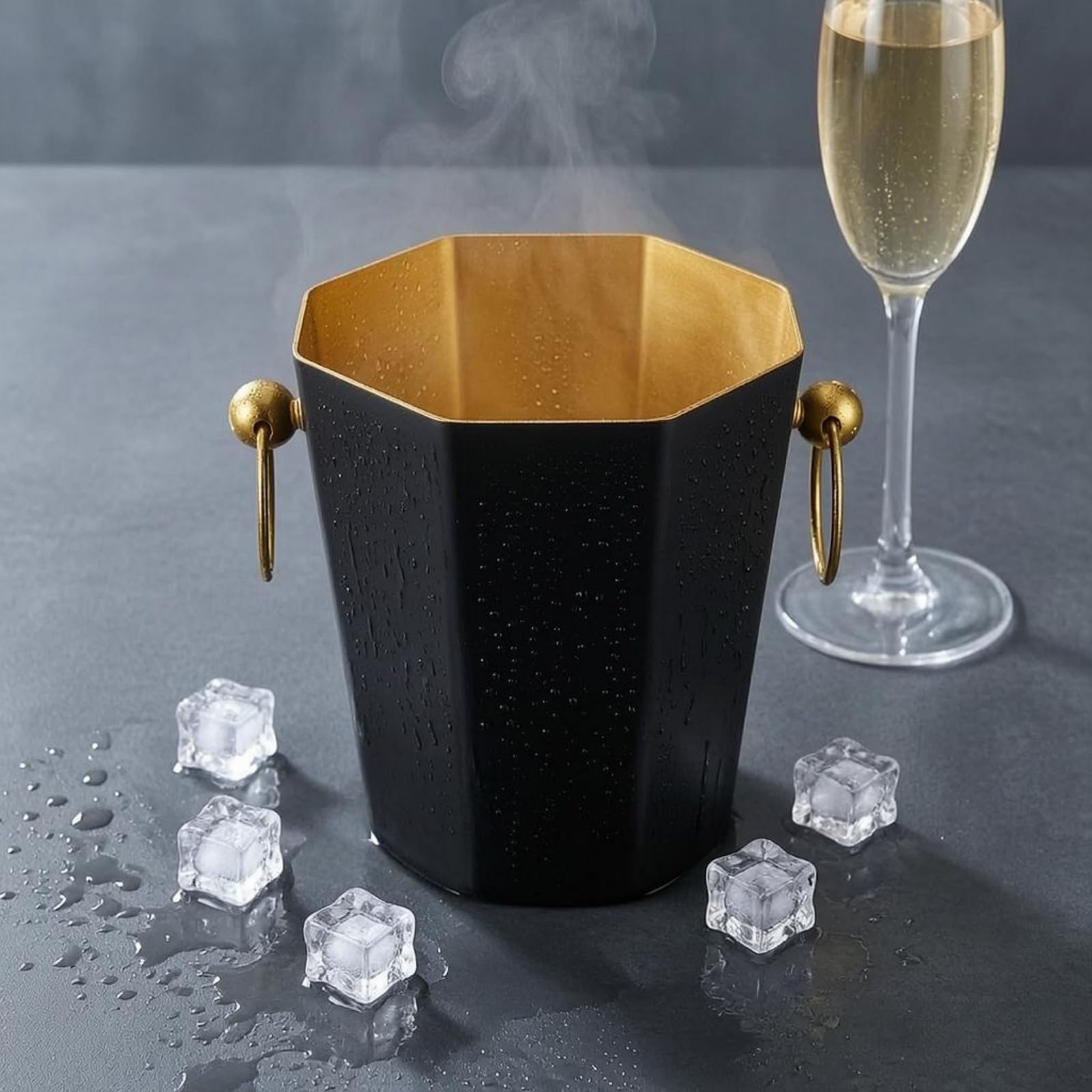 MagiDeal Seau à Glace Commercial Acier Inoxydable Seau à Glace Seau Isotherme Récipient à Boissons Paroi Épaisse pour, Noir, Octogonal Épaissi