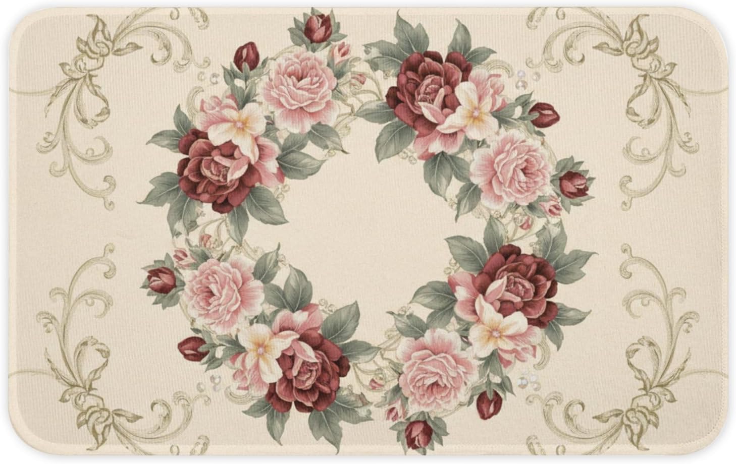 Shower Floor Mat 20 × 31 Inch, Rose Wreath No Slip Bath Rug Water Absorbing Shower Decorations for Bathroom Rubber Backed Rugs Machine Washable Bath Mats for Bathroom Floor