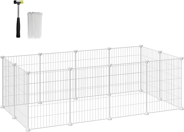 SONGMICS Modułowa obudowa, ogrodzenie dla małych zwierząt, klatka dla królików, świnka morska, siatka metalowa, z młotkiem i opaską kablową, do użytku wewnętrznego, biała LPI01W