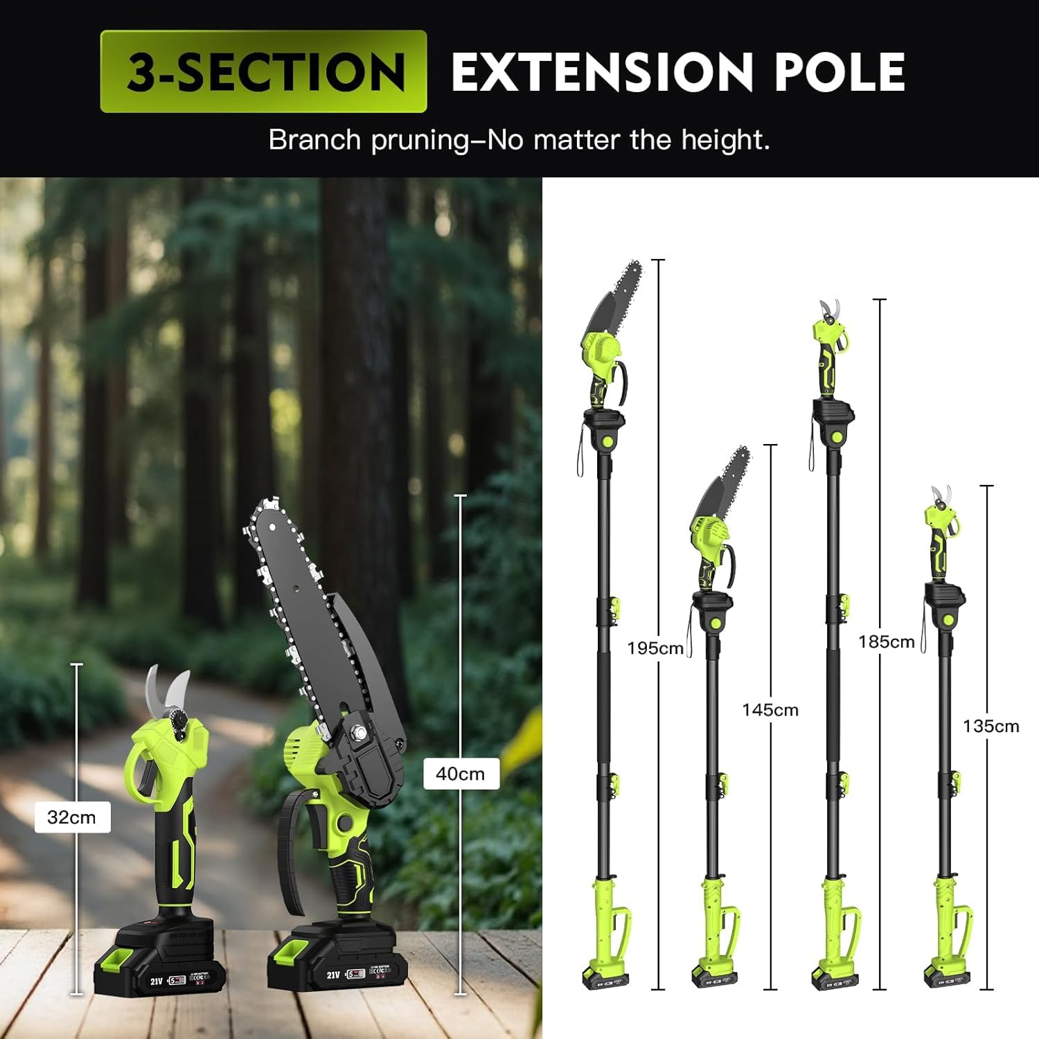 Kit de Tijeras de Podar Telescópicas y Motosierra Telescópica a Batería, 4 en 1 Podadora Electrica Herramientas de Jardín con Motorm 550 W, 2*4000 mAh Baterías, 4 Cadenas para Jardines Arbusto y Ramas
