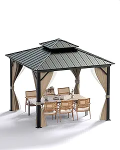 Hardtop Gazebo 12'x12' for All Weather, with Double Metal Roof, Aluminum Alloy Frame, Net, and Curtain, Permanent Building for Patio, Deck, Backyard, Lawn, and Garden, Khaki