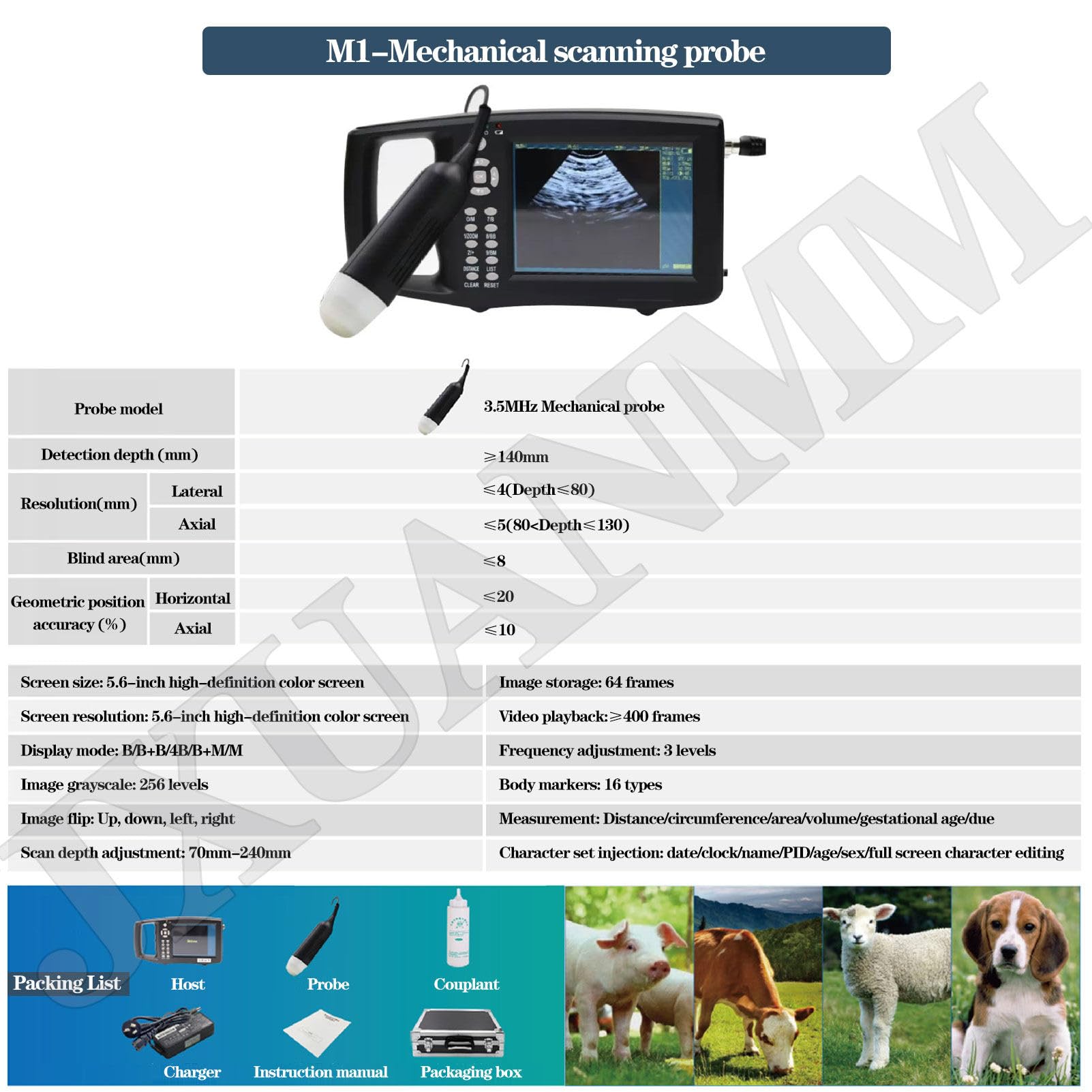 Échographe vétérinaire portable, écran LED 5,6 pouces, 16 couleurs, pour bovins, chevaux, porcs, moutons, chiens et chats en gestation.,M1