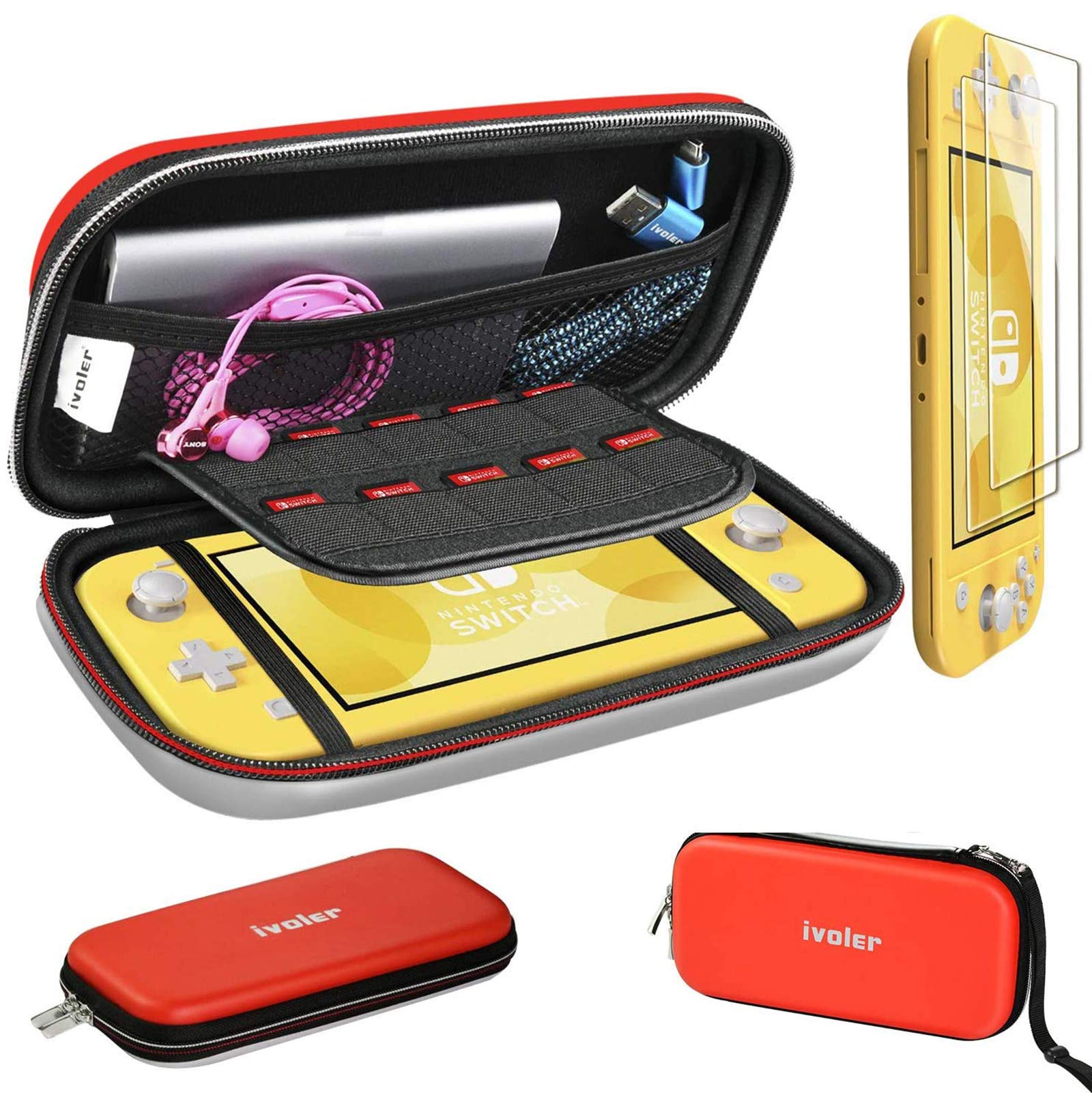 ivoler Carrying Case for Nintendo Switch Lite, Ultra Slim Portable Hard Shell Pouch Travel Game Bag for Switch Lite Accessories Holds 10 Game Cards,Red+White