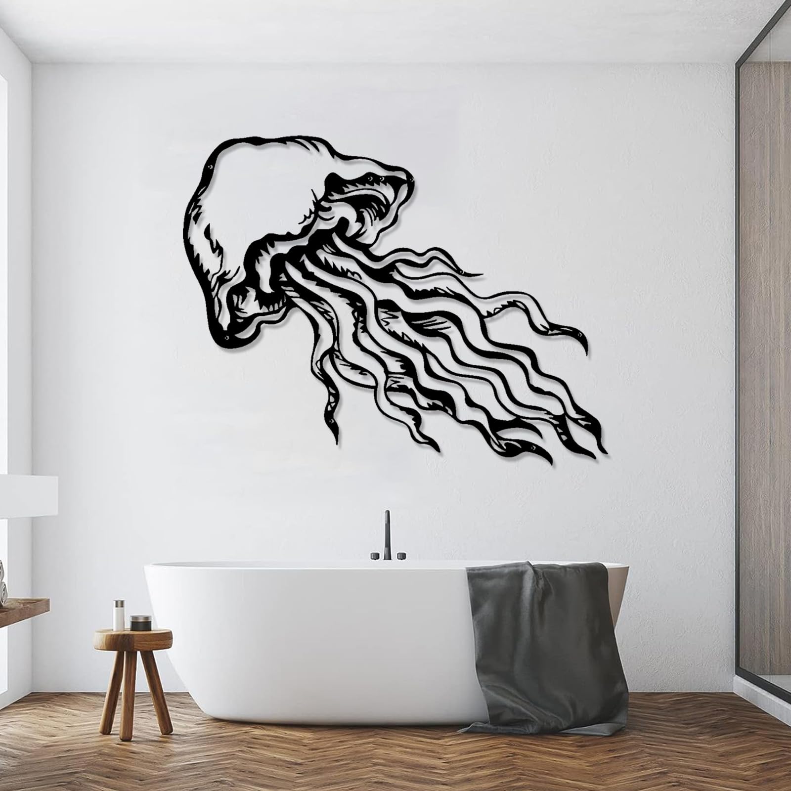 Współczesna abstrakcyjna metalowa dekoracja ścienna sztuka meduzy, dekoracja, życie morskie nowoczesny design prezent dla miłośników łazienki (47 x 90 cm, czarny)
