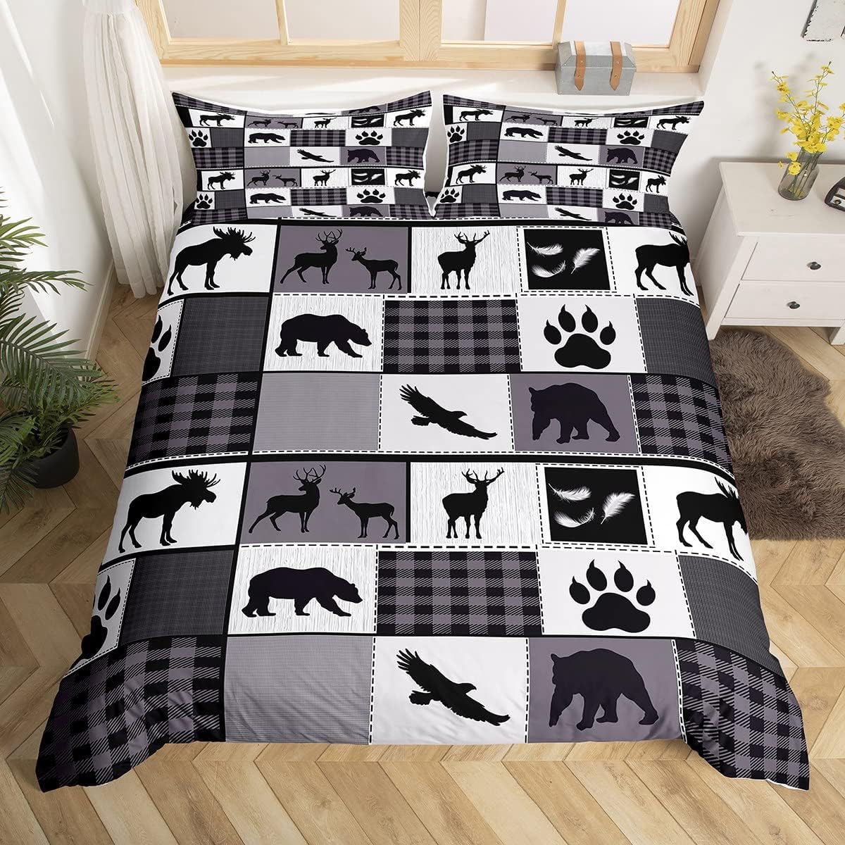 Hunting Bear Deer Comforter Cover Plaid Moose Lodge Bedding