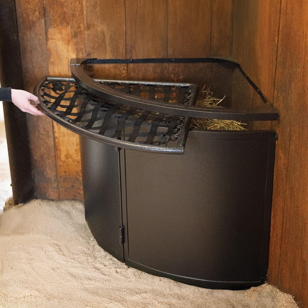 EASY-UP Schneiders Pro Corner Floor Hay Feeder with Netted Lid & Color Black Armor | Slow Feed Horse Hay Feeder | 1.5 in Hay Holes | Heavy Duty Steel | 7 Year Warranty