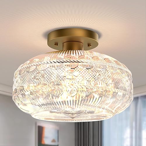 Lámpara de techo semiempotrada grande de 11 pulgadas, lámpara de cristal de globo dorado, accesorios de luces vintage para pasillo, iluminación de