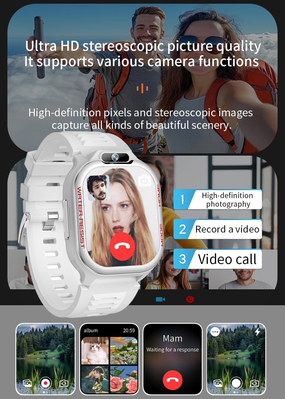 Mingtawn Montre intelligente 4G avec emplacement pour carte SIM - Téléchargement d'application, appels vidéo, SMS, suivi d'activité et de santé, GPS intégré et fonction SOS pour homme et femme.