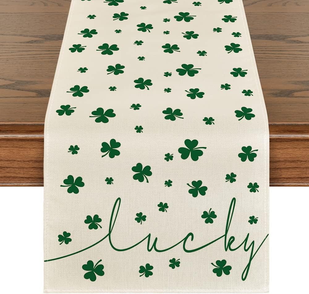 Artoid Mode Beige Lucky Shamrock St. Patrick's Day Table Runner, Seasonal Spring Holiday Kitchen Dining Table Decoration for Indoor Outdoor Home Party Decor 13 x 72 Inch
