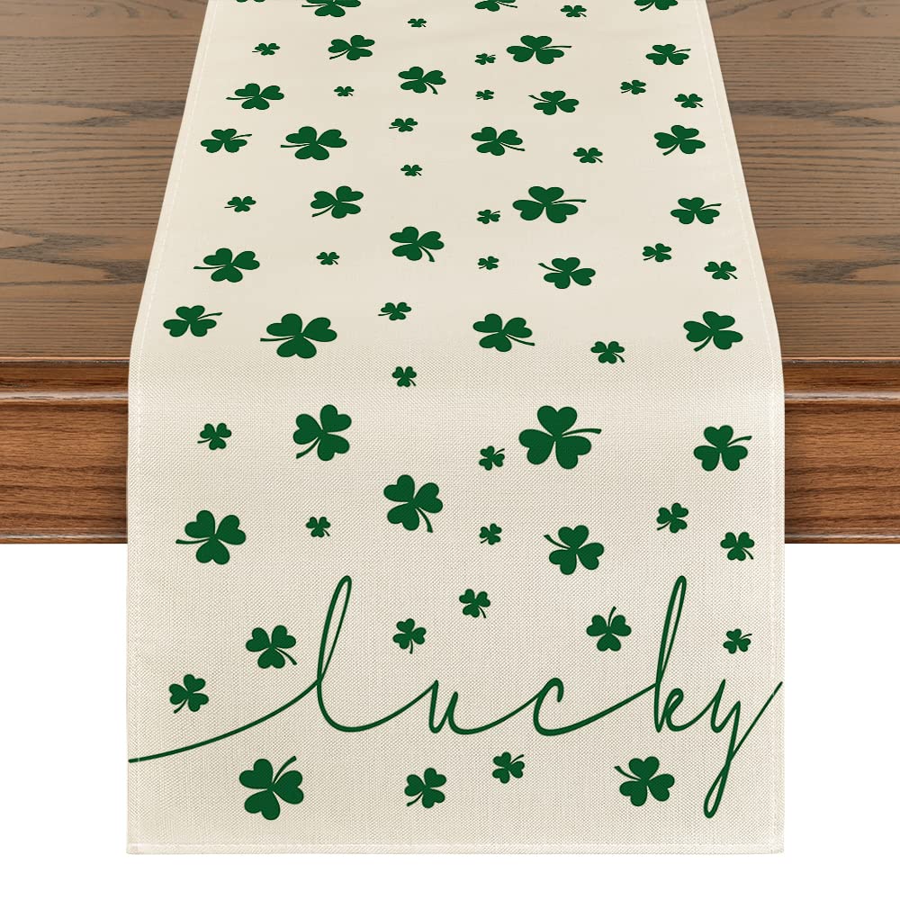 Artoid Mode Beige Lucky Shamrock St. Patrick's Day Table Runner, Seasonal Spring Holiday Kitchen Dining Table Decoration for Indoor Outdoor Home Party Decor 13 x 72 Inch