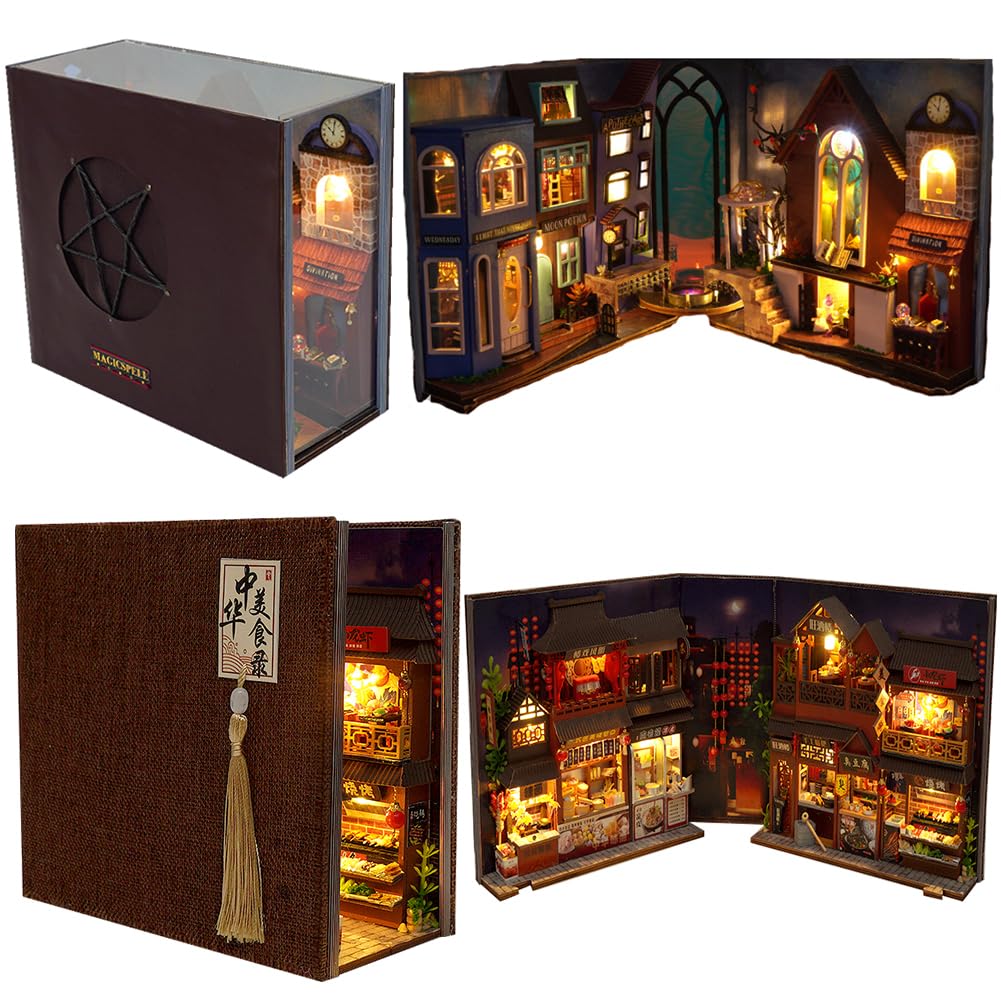 SXDMOUBK DIY Wooden Puzzle Model 3D Miniature Scene Crafts, Book Nook Shelf Insert Kits Handmade Miniature Dollhouse Toys for Adults Gift(2pcs)