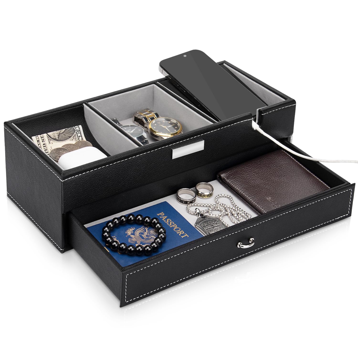 Baoyun two-layer leather valet tray with six compartments and lined drawer