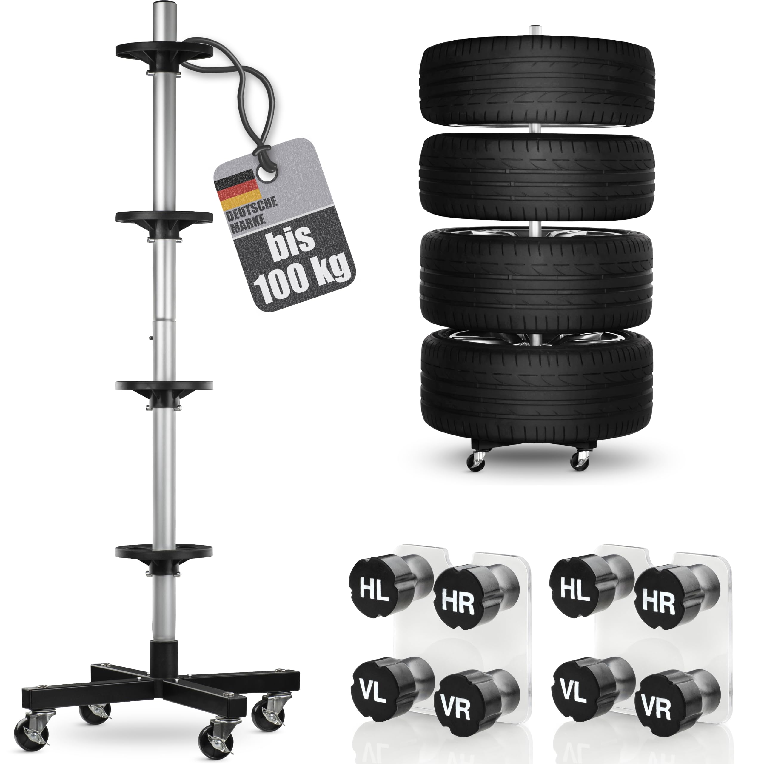 bonsport Felgenbaum für Autoreifen bis 225mm fahrbar - Reifenständer inkl. 8 Reifen Markierer - Reifenbaum mit Rollen belastbar bis 100 kg