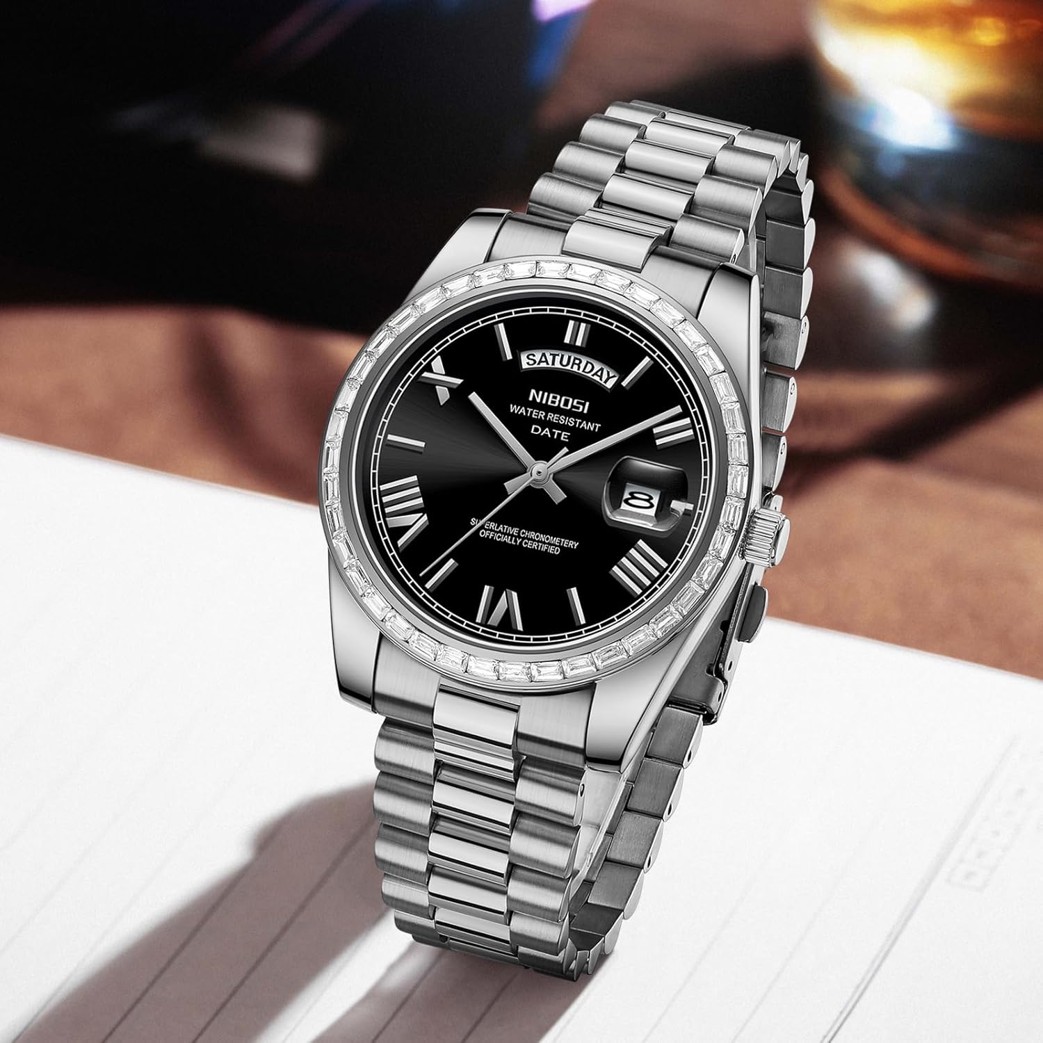 NIBOSI Men's Watches Analog Quartz Diamond Bezel Stainless Steel Dial Rose Gold Silver Watches for Men Waterproof Business Classic Dress Wrist Watch with Day Date - Image 7