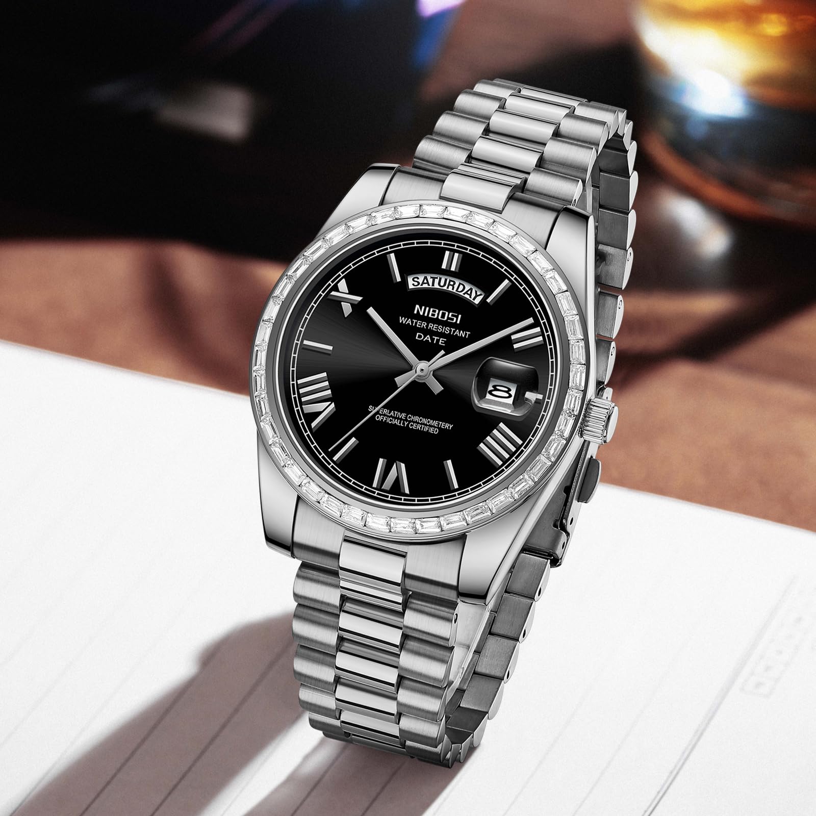 NIBOSI Orologi da uomo analogico al quarzo lunetta con diamanti quadrante in acciaio inossidabile oro rosa argento orologi da uomo impermeabili Business Classic Dress orologio da polso con giorno data