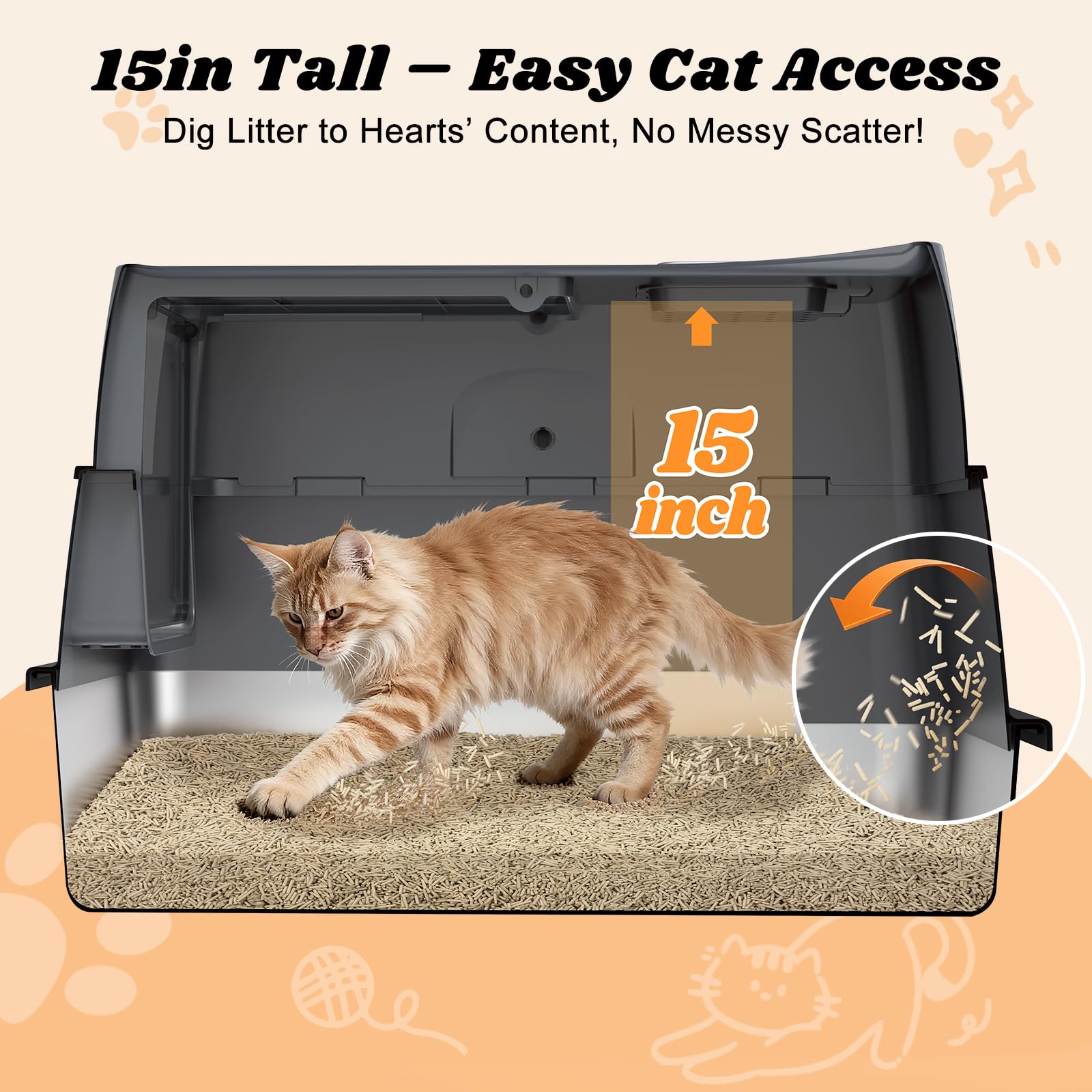 AIPERRO Caja de arena cerrada para gatos de acero inoxidable con tapa, caja de arena de metal con tapa de filtro de alta cara con juego de cuchara para gatos grandes, antiadherente, antifugas, fácil