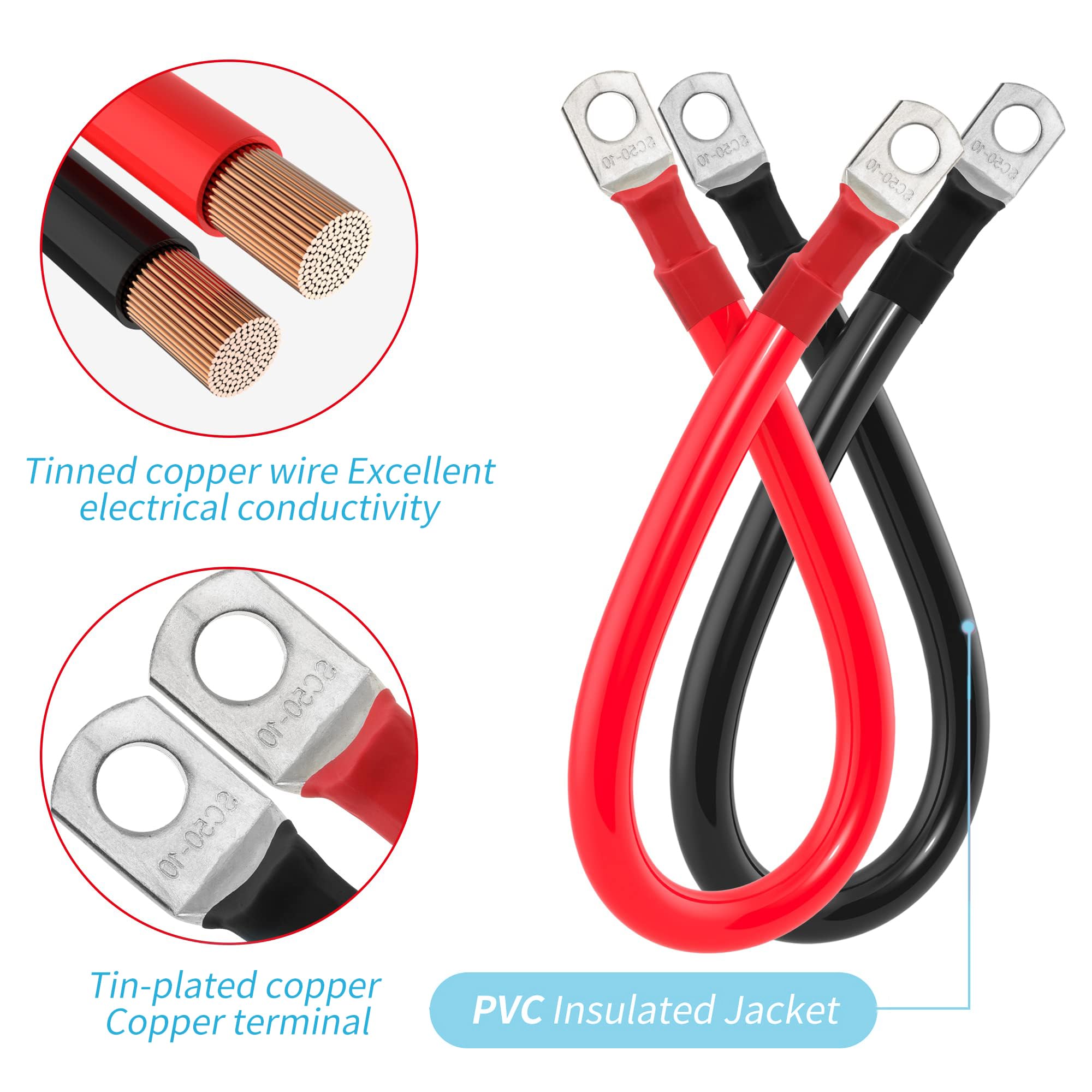 Unifizz Cavo per batteria da 1/0 AWG, calibro 0, cavi inverter per batteria con alette da 0,9 cm, set di cavi inverter di potenza in rame puro, per solari, barche, camper, auto, moto (3 m, con