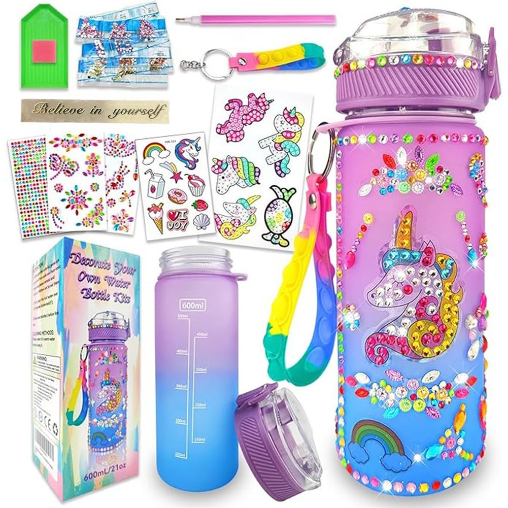 OPVXZAD Decorate Your Own Water Bottle 600ML DIY Diamond Craft Water Bottle with Unicorn Stickers, Rhinestones,Accessories BPA-Free Leakproof DIY Diamond Crafts Gifts for School,Travel