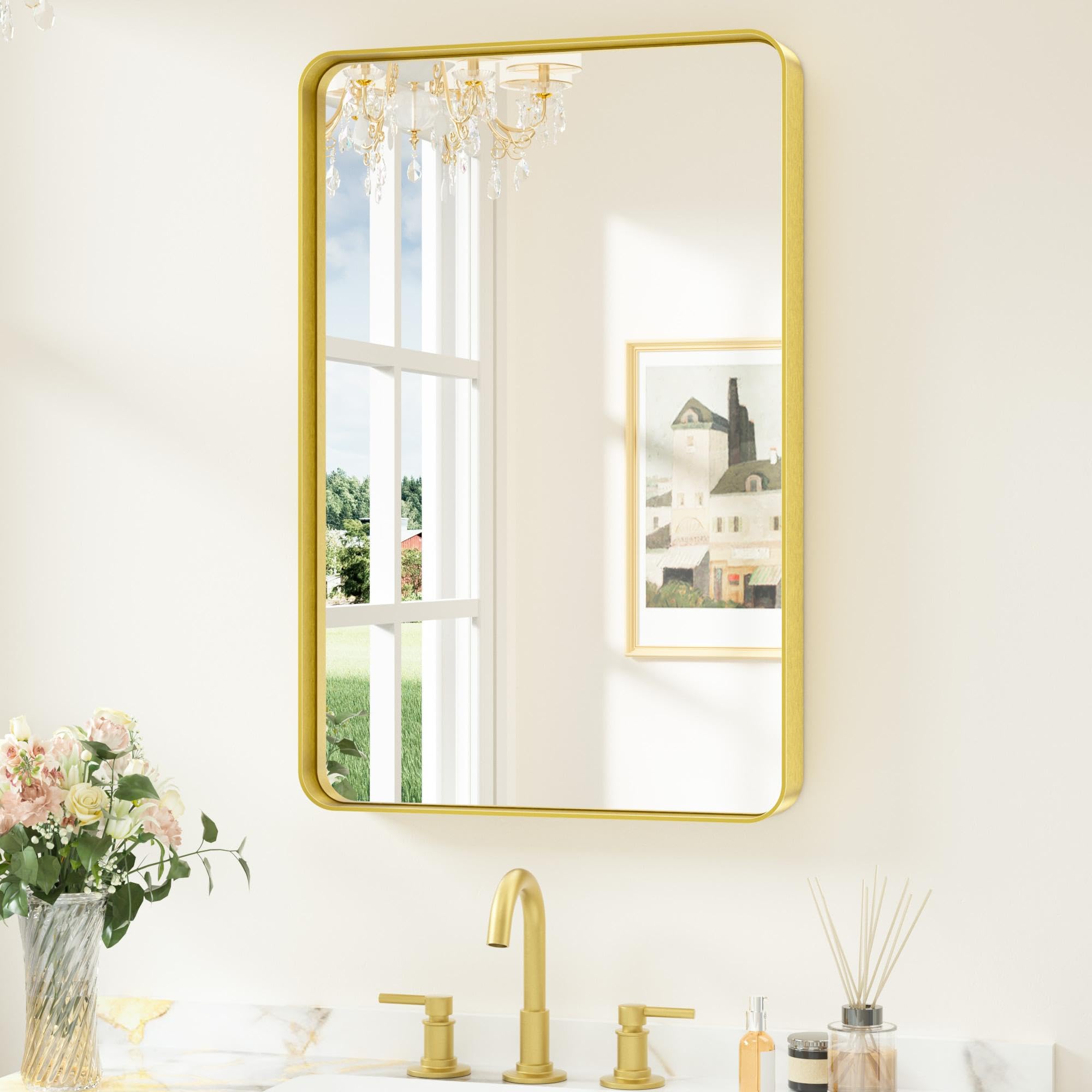 Keonjinn Badezimmerspiegel Schwarz/Gold/Nickel, Wandspiegel Badspiegel mit Metallrahmen, Gehärtetes Glas Rechteckiger Spiegel Flur für Badezimmer, Wohnzimmer, Schlafzimmer, Wanddekoration