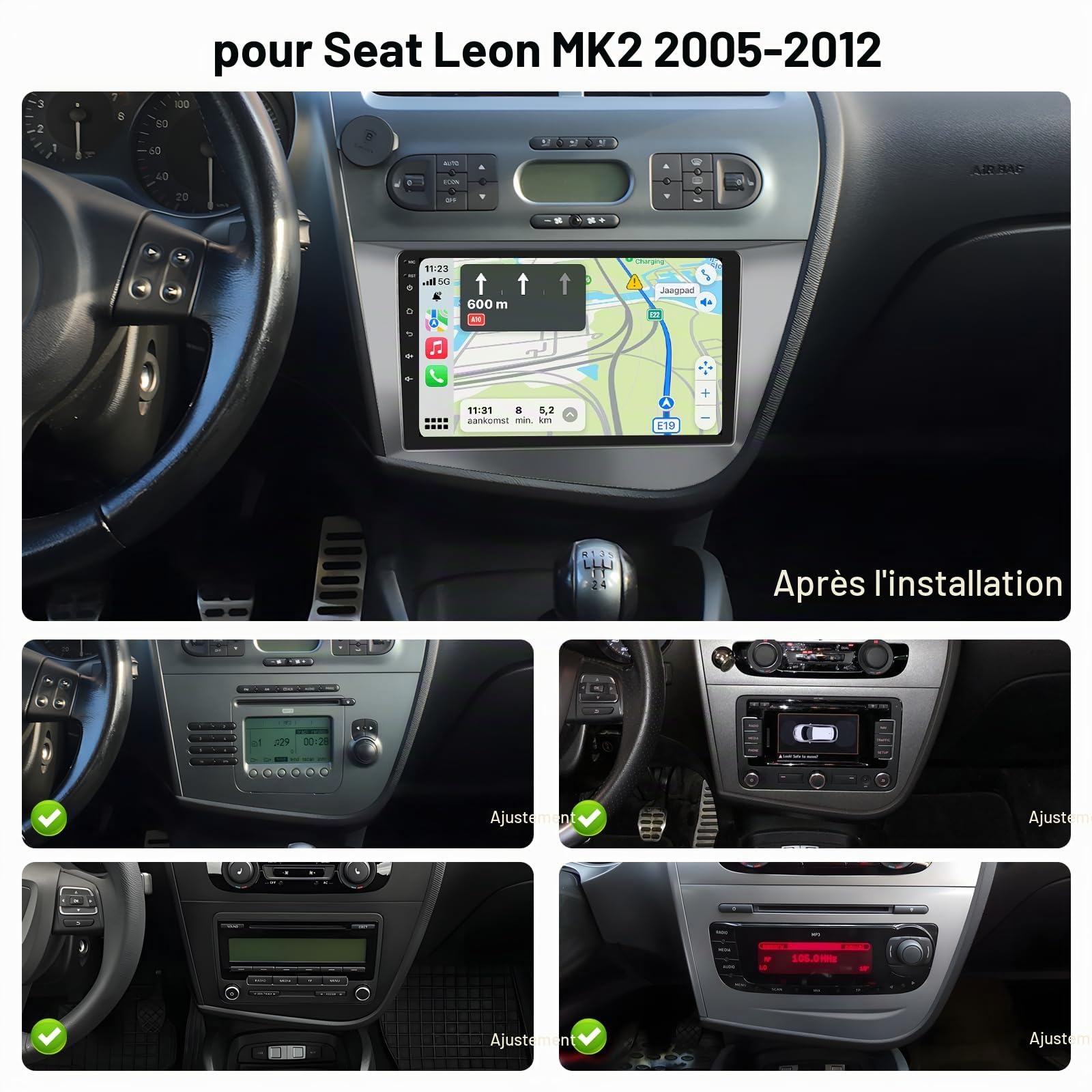 8 Core 4+64GB Android 15 Autoradio pour Seat Leon 2005-2012 Wireless Carplay Android Auto, Ecran Tactile 9 Pouces Poste Radio Voiture Bluetooth Stereo Con WiFi, GPS, Caméra de Recul, FM RDS, SWC