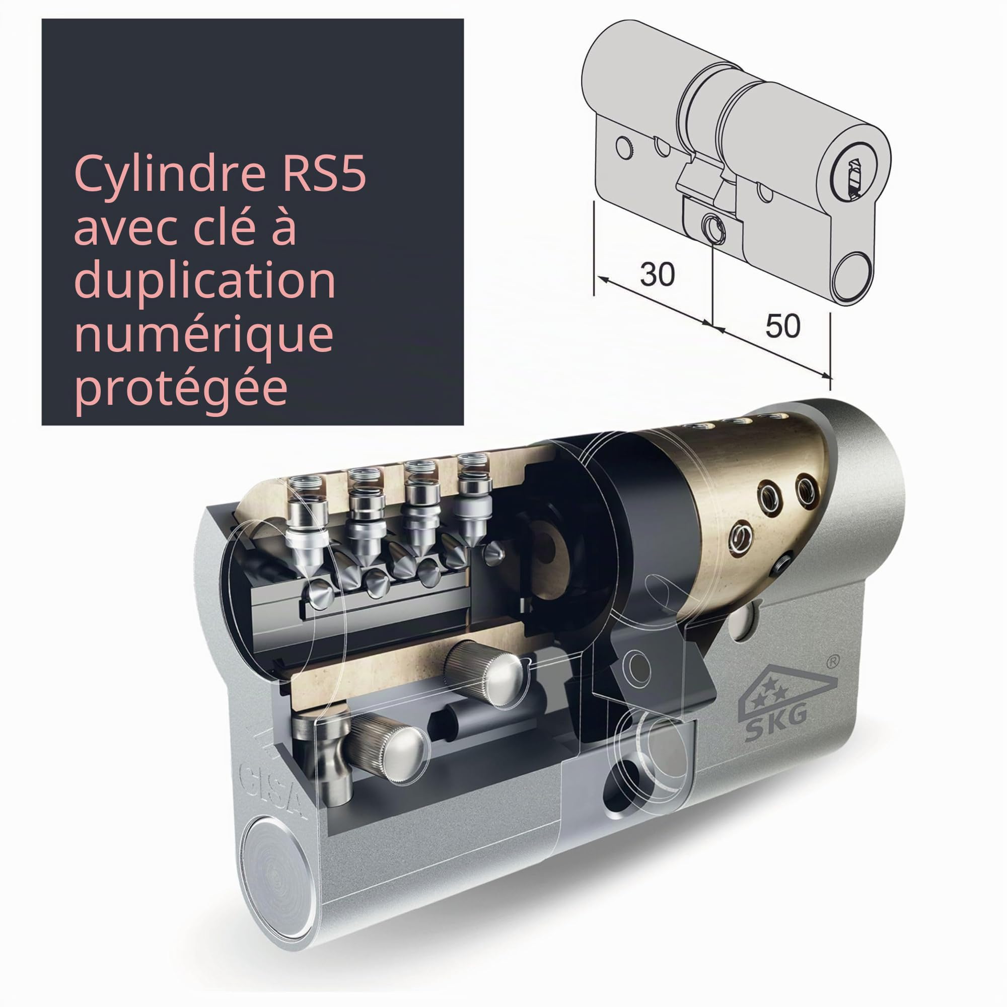 CISA - Cylindre européen de sécurité RS5 10R3M11701200C5 - Cylindre avec 5 rangées de broches radiales - 5 clés à double numérique protégées - Taille 50/30