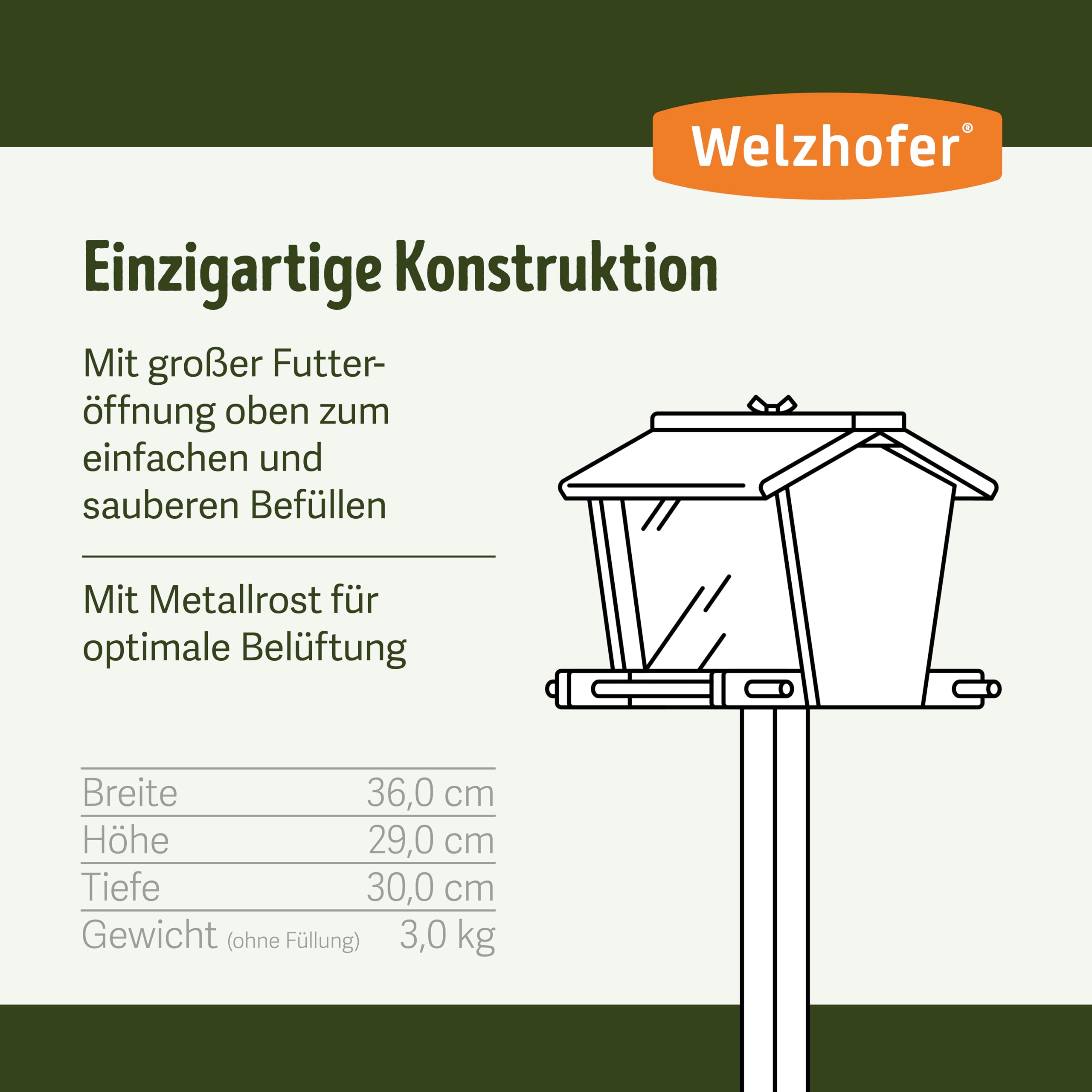 Vogelfutterhaus „Michael“ aus Kiefernholz zum Aufstellen – großes Vogelhaus mit 3 kg Füllmenge, leicht zu reinigen & zu befüllen, wetterfest, ohne Standfuß, Futterhaus handgemacht in Europa