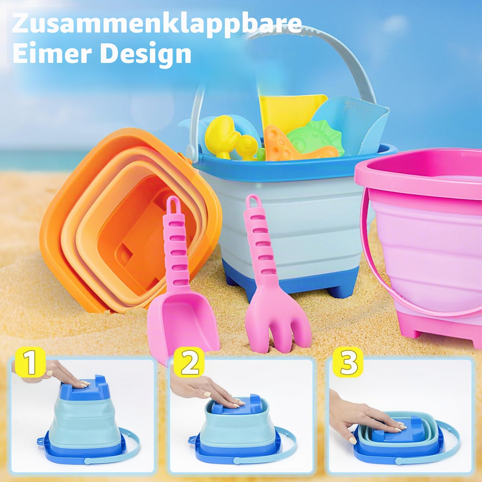 Dreamon Sandspielzeug Set, Reise Sandspielzeug mit Faltbarer Eimer Kinder, 14 PCS Sandkasten Strand Spielzeug für Kinder Jungen Mädchen