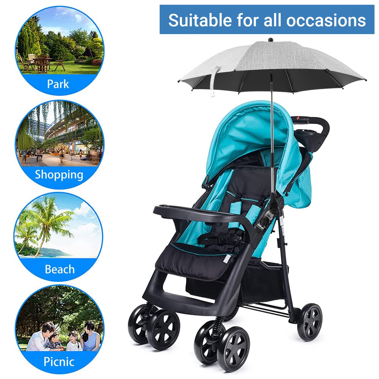 Ombrellino Parasole Passeggino, Ombrellino Passeggino Universale Anti UV 50+, Ombrello Parasole Passeggino con Un Manico, Ombrellone per Passeggino per Carrozzina e Passeggino, Grigio