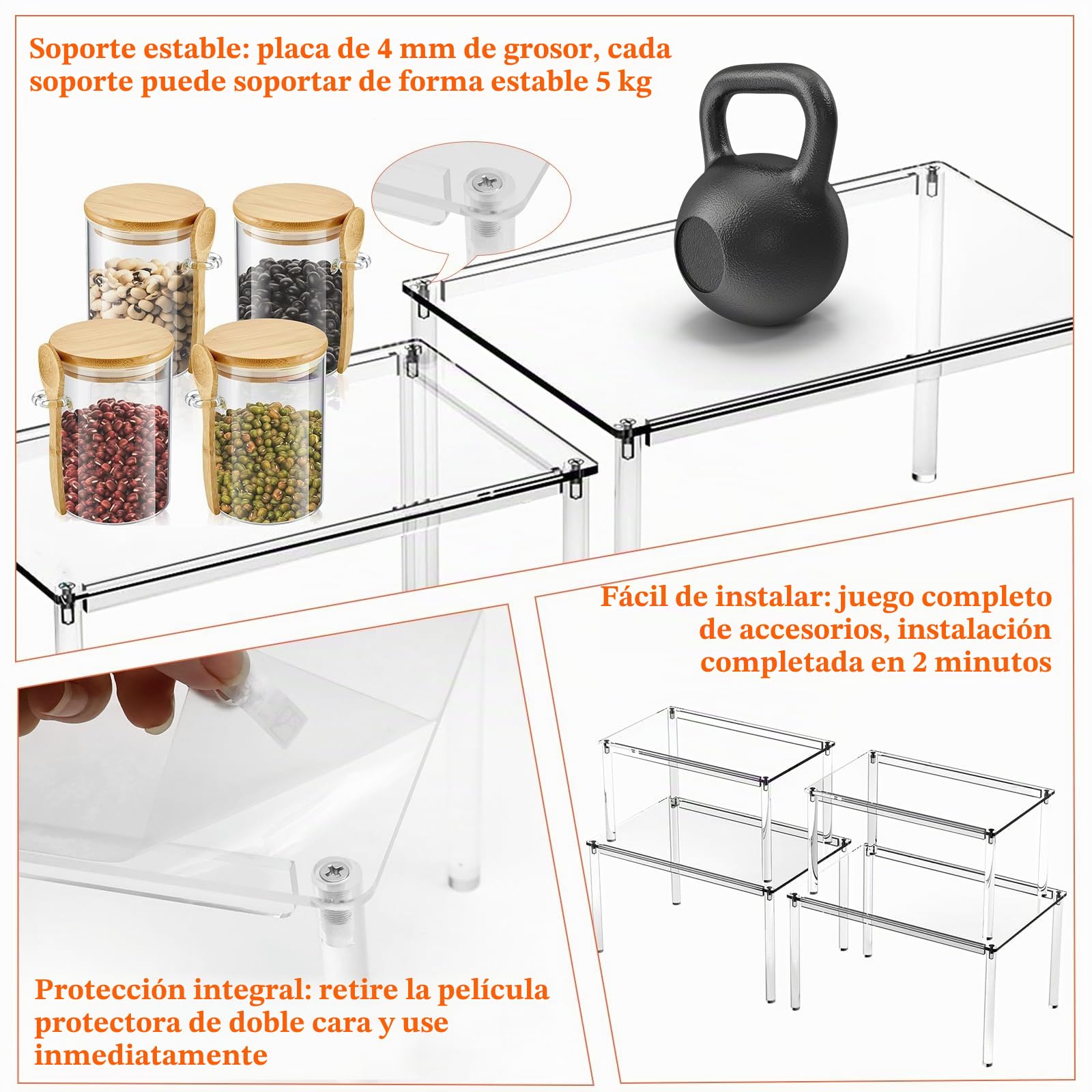 4 unidades de organizador de cocina apilable para especias | Organizador de armario de cocina transparente, estante de cocina, soporte para vasos, ampliable para encimeras de cocina