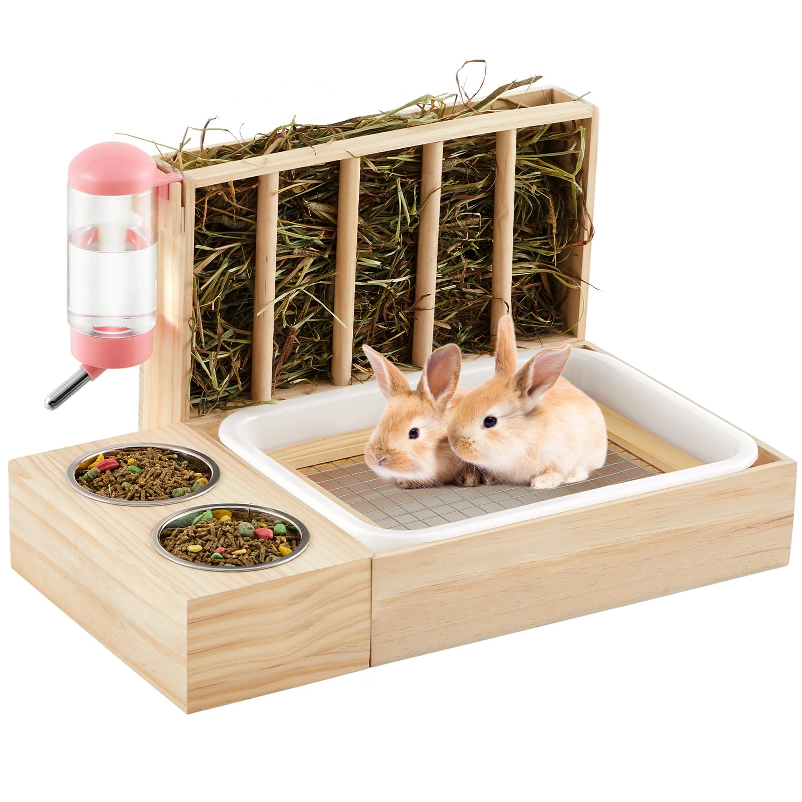 Weysat 4 in 1 Extra Large Rabbit Bunny Litter Box with Hay Feeder, Bowls and Water Bottle, Wooden Toilet Set for Large and Medium Sized Bunny Guinea Pig Chinchilla Hamster Dwarf Rabbit Wood Mess Proof
