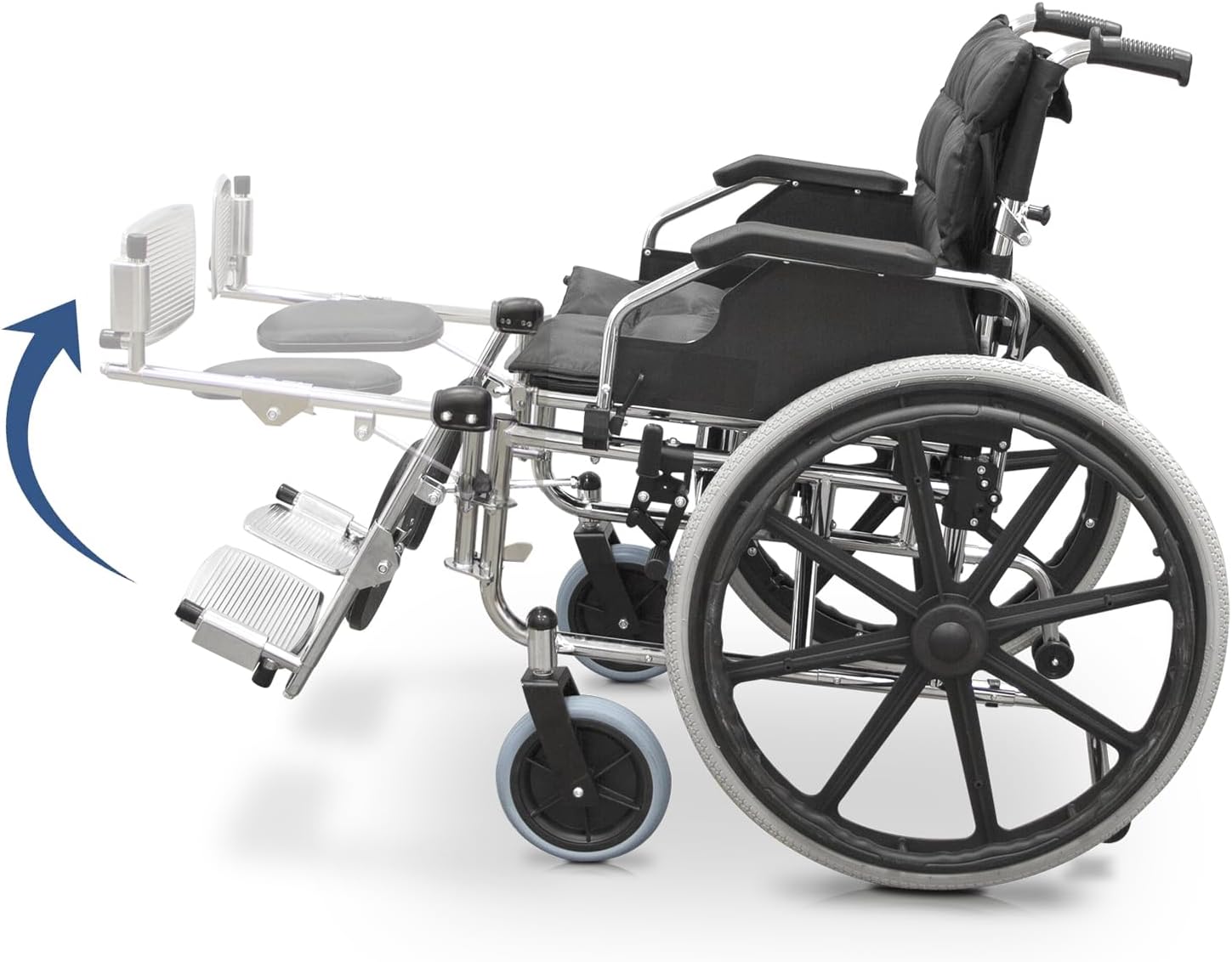 Side view of the QUIRUMED wheelchair demonstrating the adjustable footrests, which can be elevated to various positions.